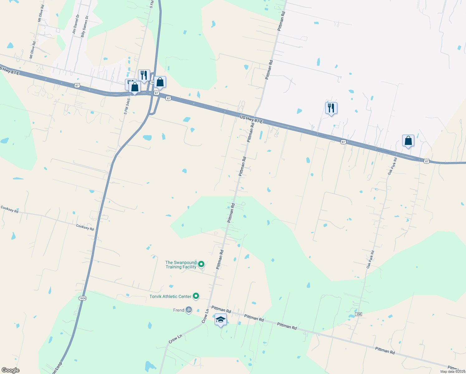 map of restaurants, bars, coffee shops, grocery stores, and more near 6889 Pittman Road in Adkins
