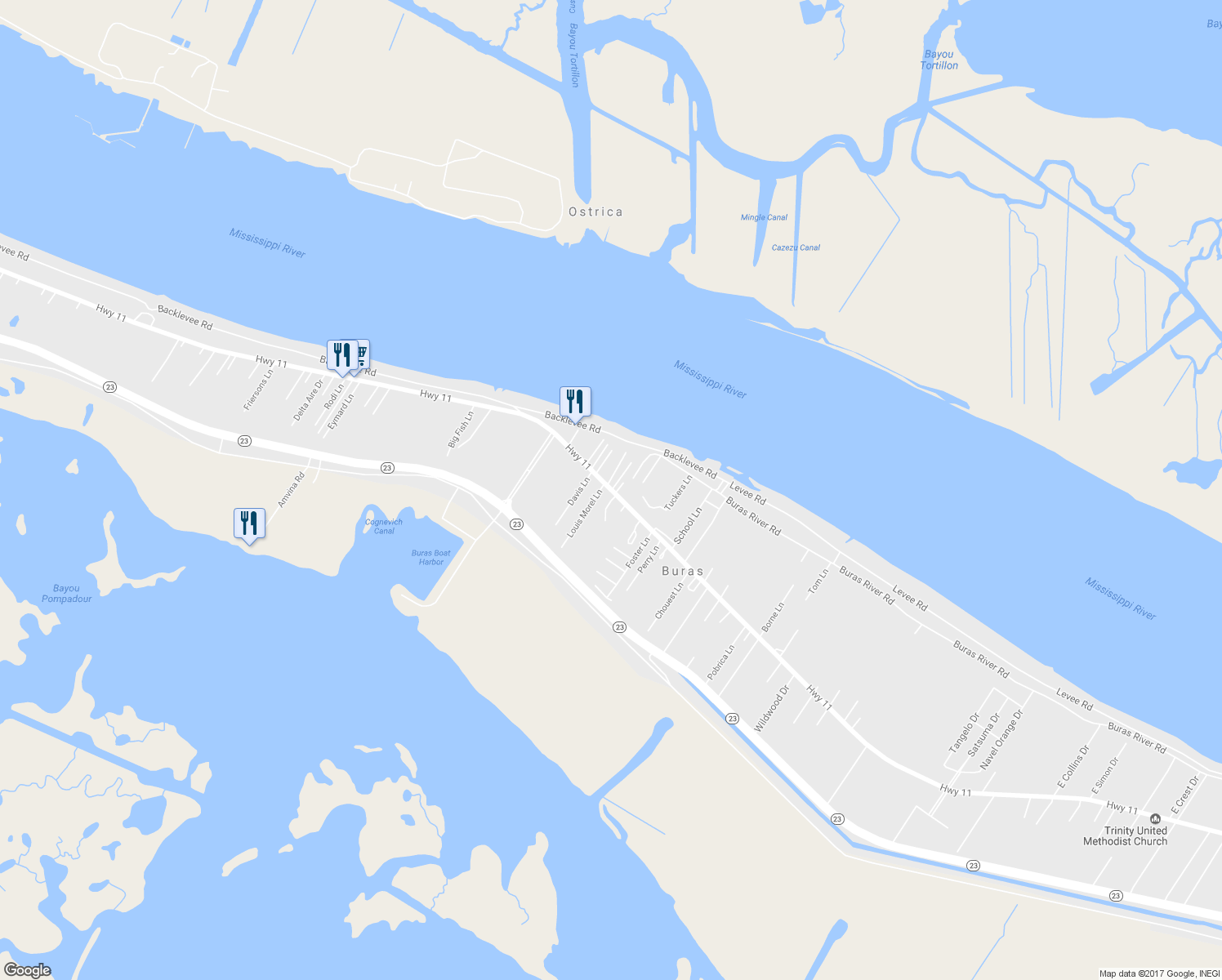 map of restaurants, bars, coffee shops, grocery stores, and more near 32933 Highway 11 in Buras
