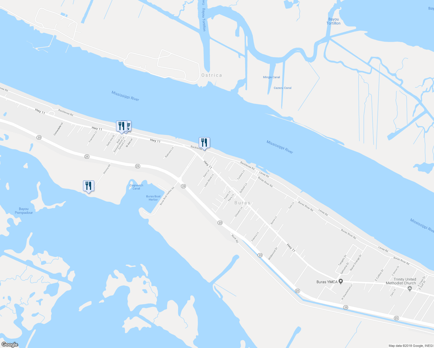 map of restaurants, bars, coffee shops, grocery stores, and more near 32894 Highway 11 in Buras