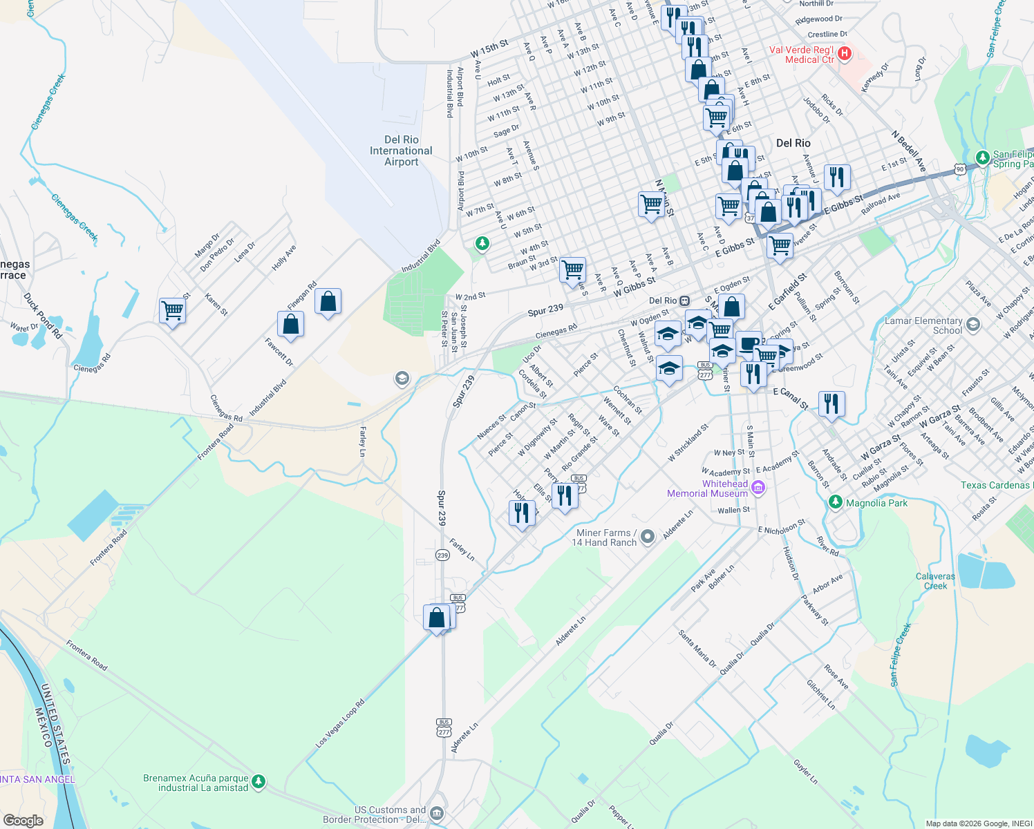 map of restaurants, bars, coffee shops, grocery stores, and more near 440 Canon Street in Del Rio