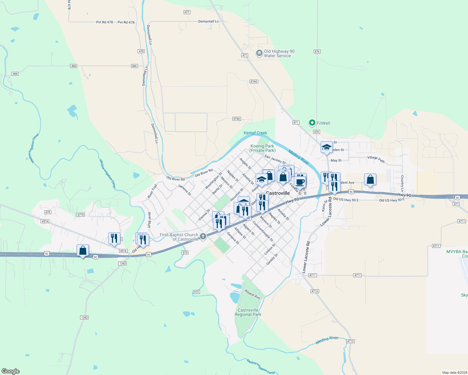 map of restaurants, bars, coffee shops, grocery stores, and more near 1615 Mexico Street in Castroville