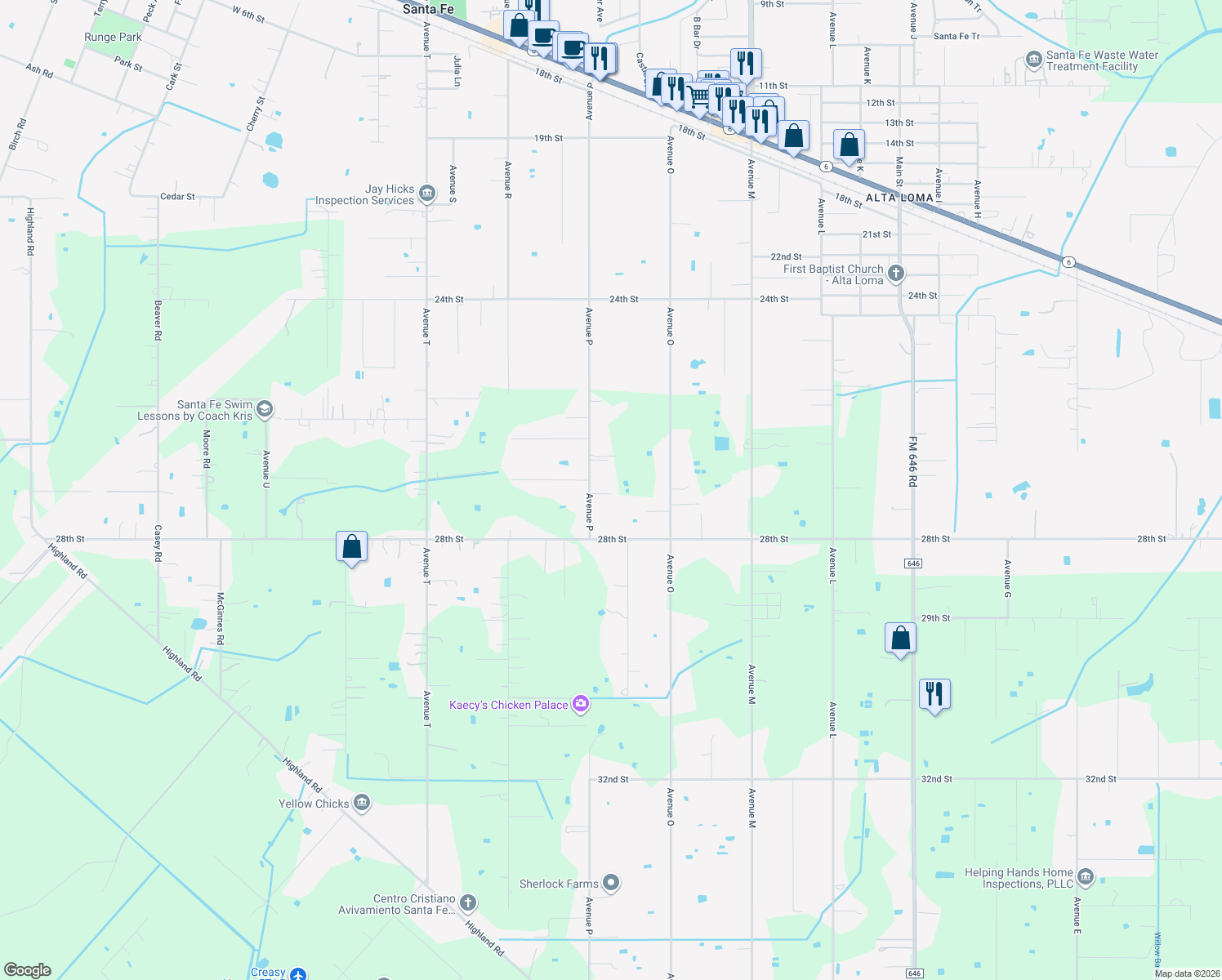 map of restaurants, bars, coffee shops, grocery stores, and more near 6031 Avenue P in Santa Fe