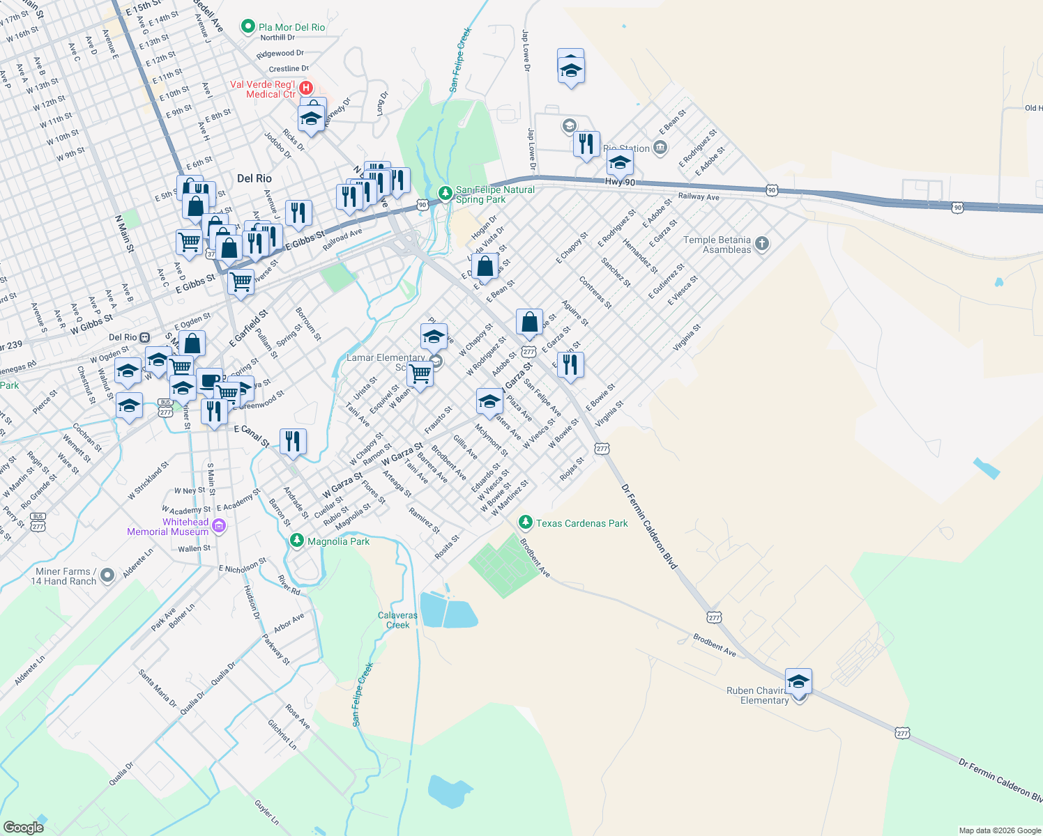 map of restaurants, bars, coffee shops, grocery stores, and more near 807 Plaza Avenue in Del Rio