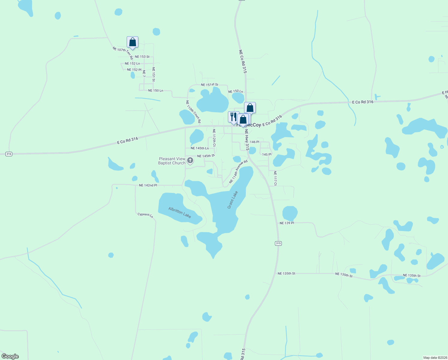 map of restaurants, bars, coffee shops, grocery stores, and more near 14300 Northeast 113 Terrace in Fort McCoy