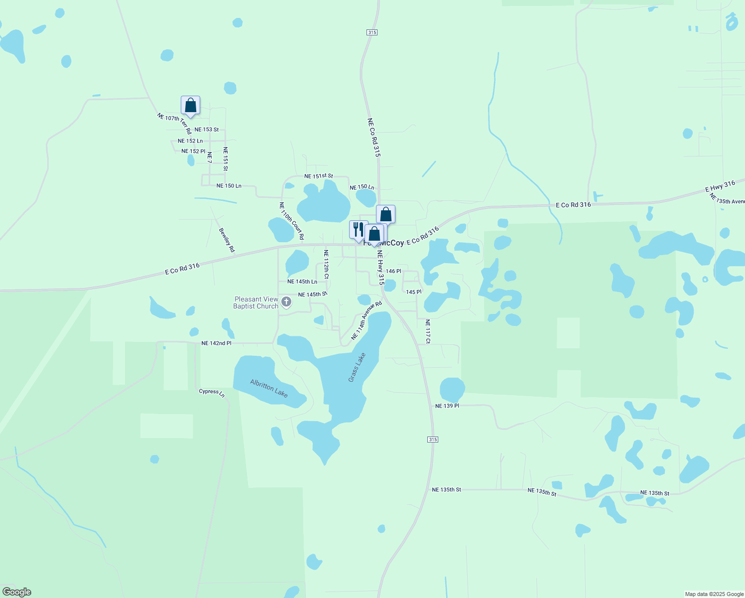 map of restaurants, bars, coffee shops, grocery stores, and more near 14480 Northeast Highway 315 in Fort McCoy