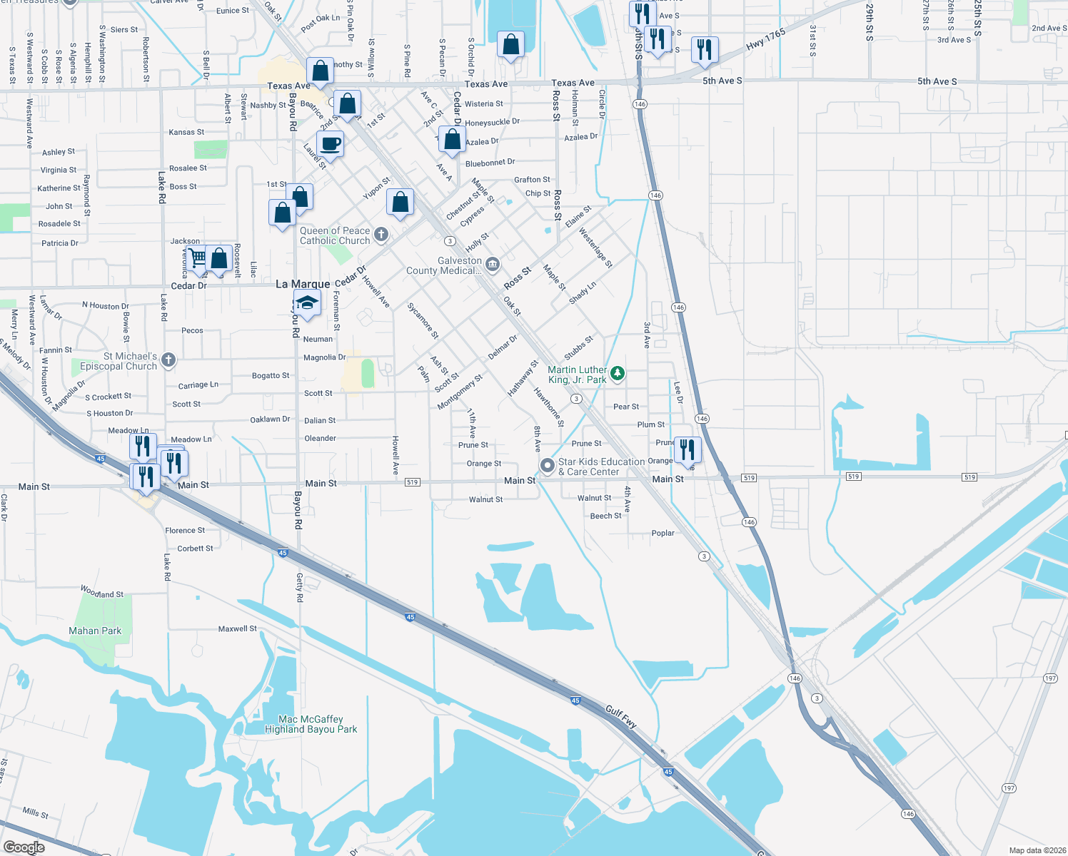 map of restaurants, bars, coffee shops, grocery stores, and more near 1704 Laurel St in La Marque
