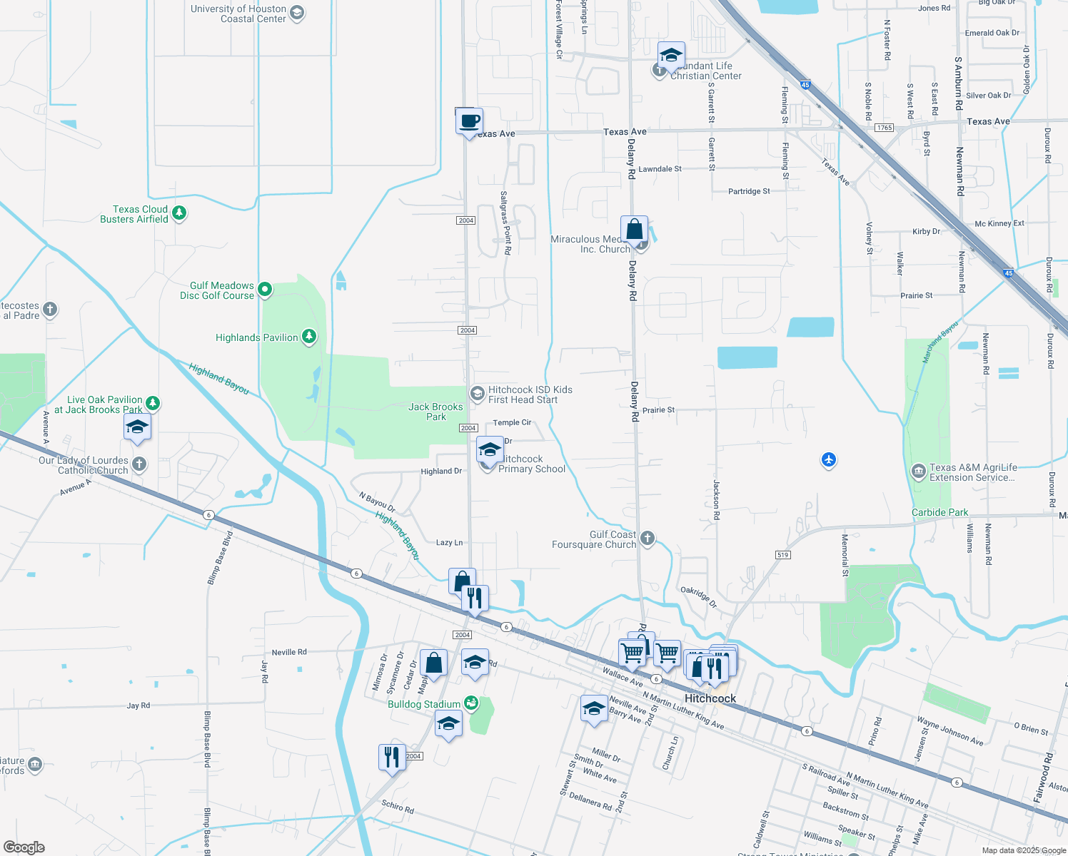 map of restaurants, bars, coffee shops, grocery stores, and more near 903 Temple Cir in Hitchcock