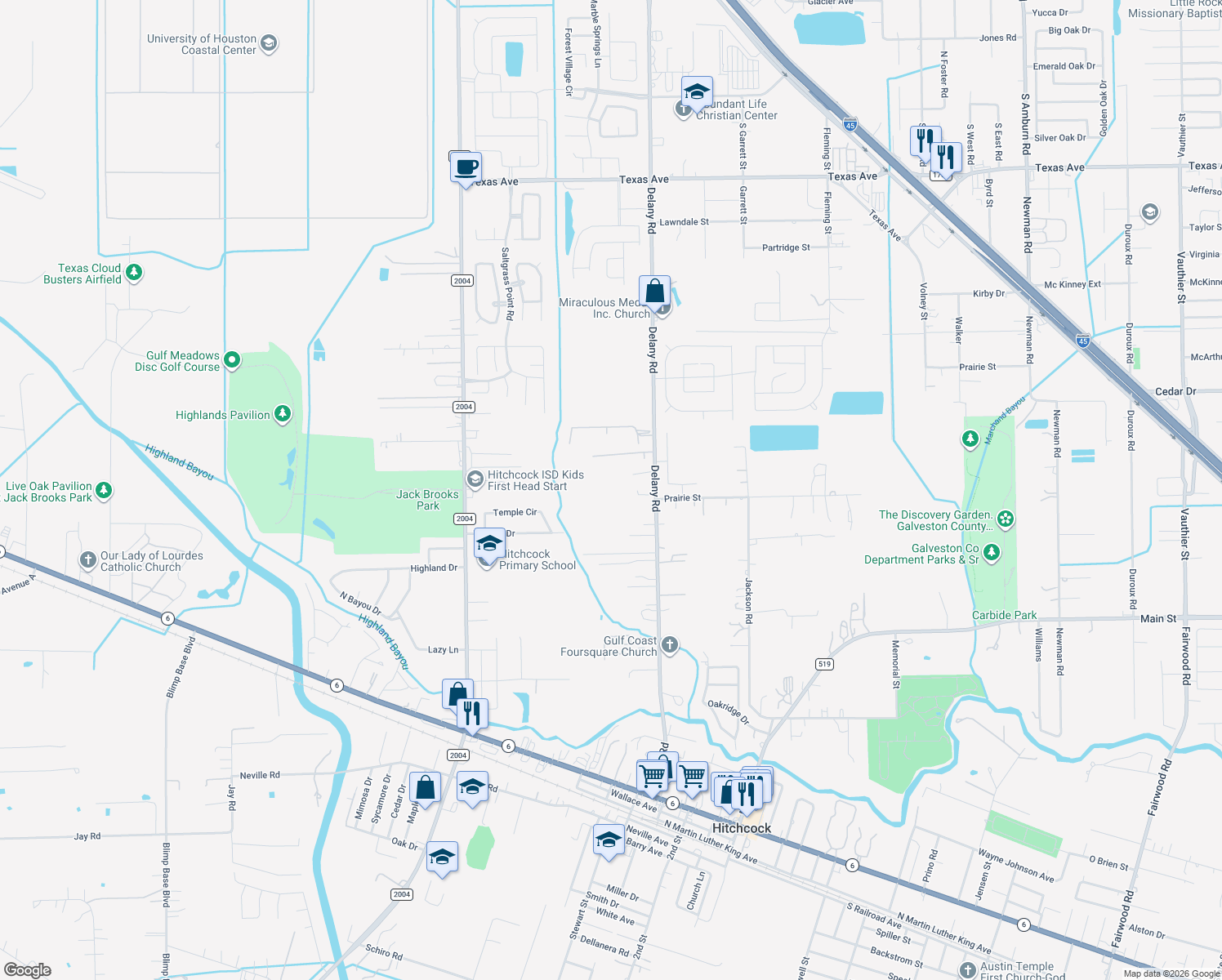 map of restaurants, bars, coffee shops, grocery stores, and more near 5734 Delaney Rd in Hitchcock