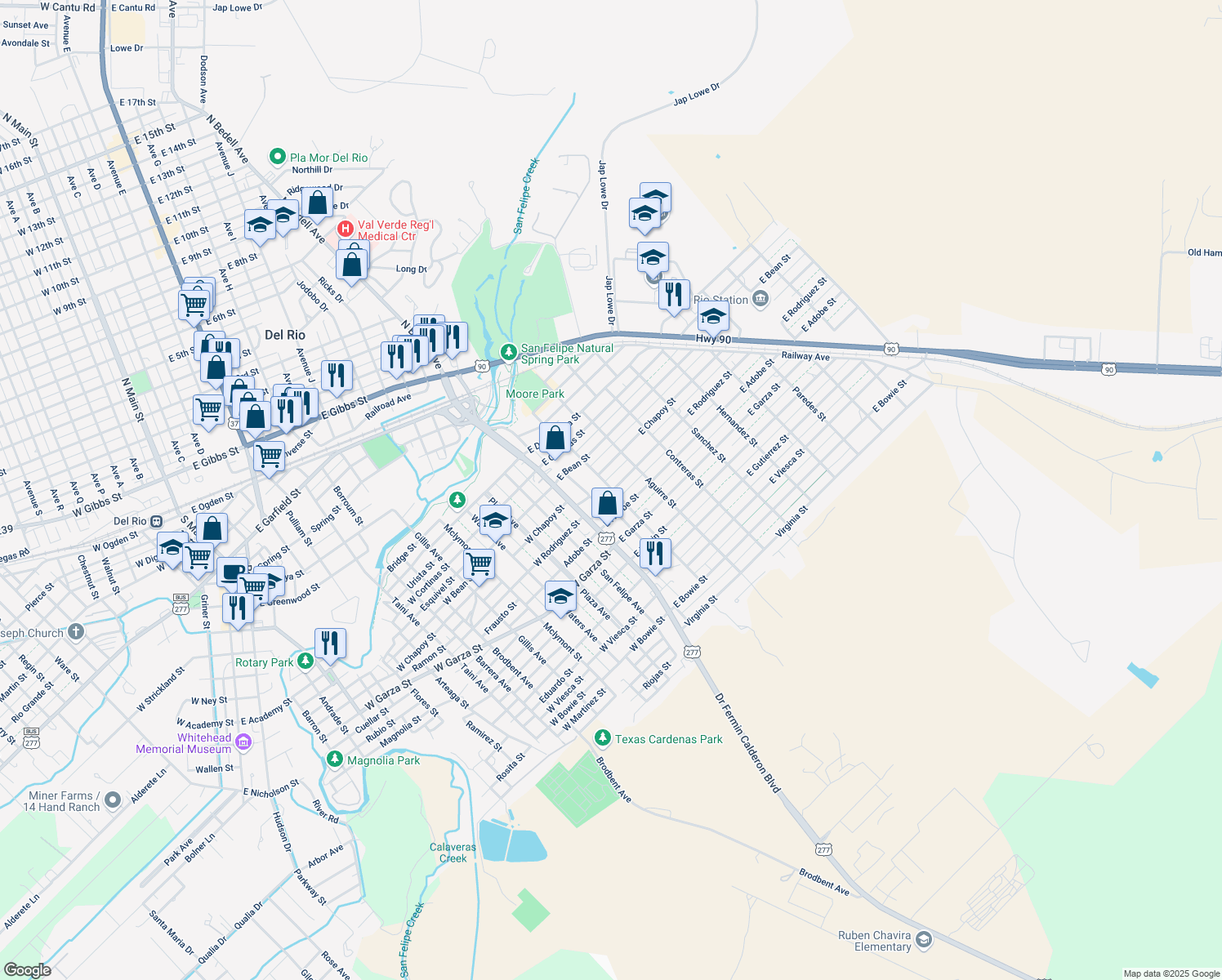 map of restaurants, bars, coffee shops, grocery stores, and more near 499 Vitela St in Del Rio