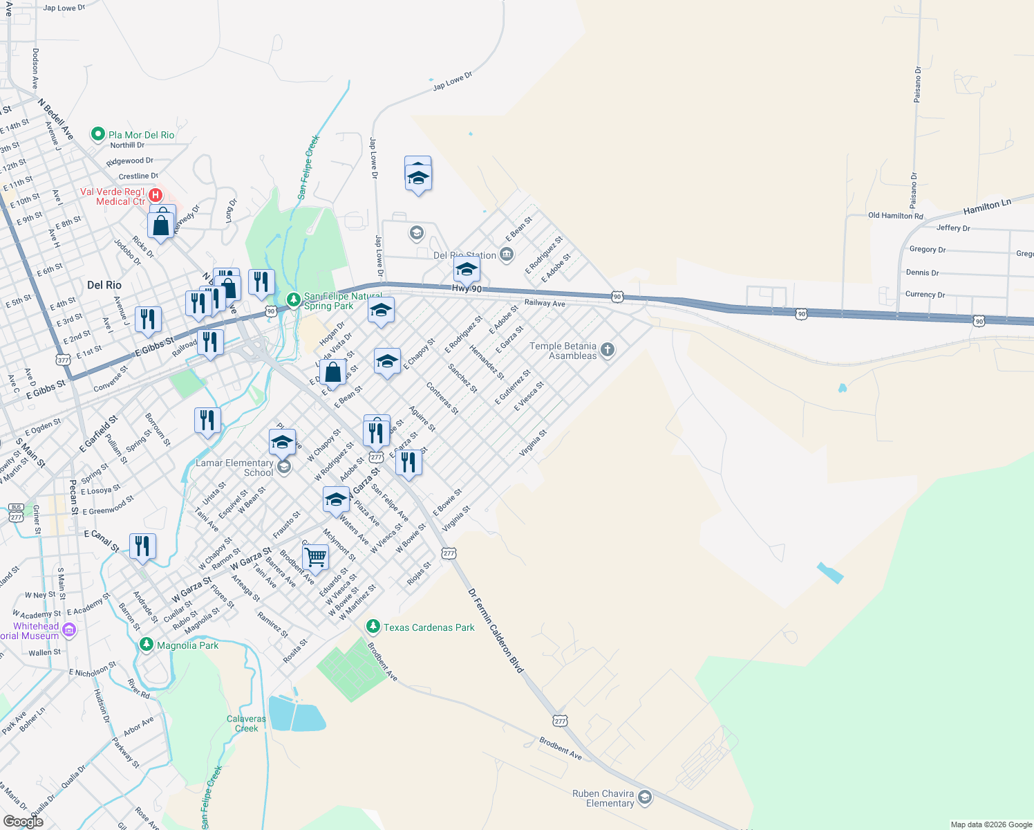 map of restaurants, bars, coffee shops, grocery stores, and more near 509 East Viesca Street in Del Rio