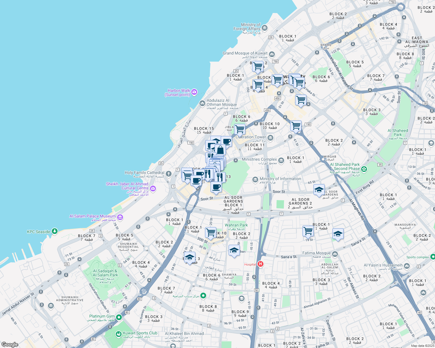 map of restaurants, bars, coffee shops, grocery stores, and more near Mohammad Thunayyan Al-Ghanem Street in Al Kuwayt