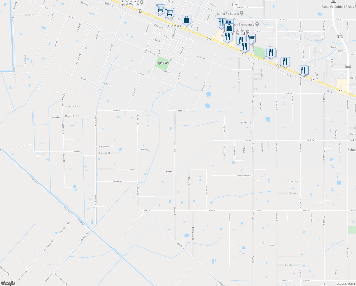 map of restaurants, bars, coffee shops, grocery stores, and more near 5443 Beaver Road in Santa Fe