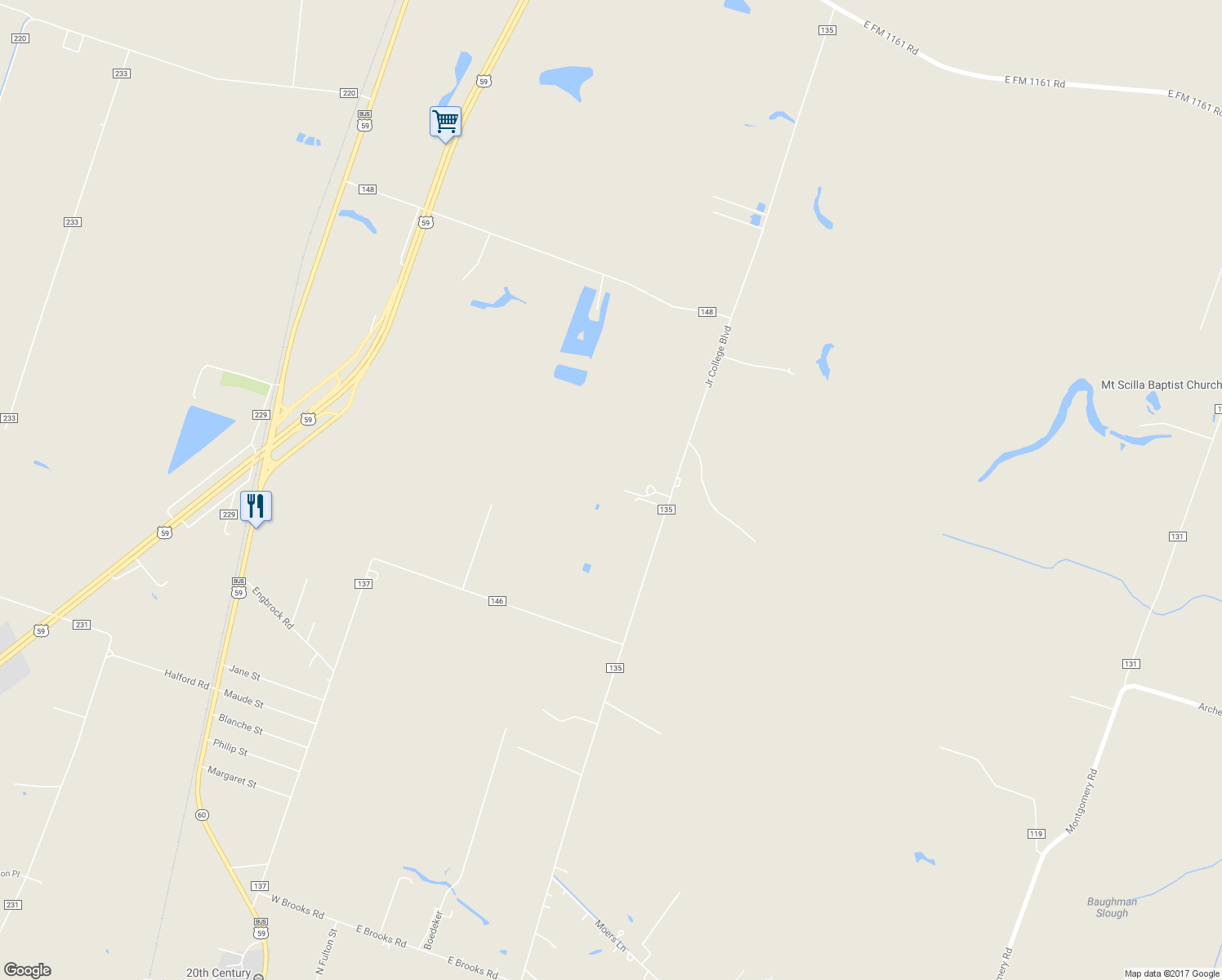 map of restaurants, bars, coffee shops, grocery stores, and more near 5555 County Road 135 in Wharton