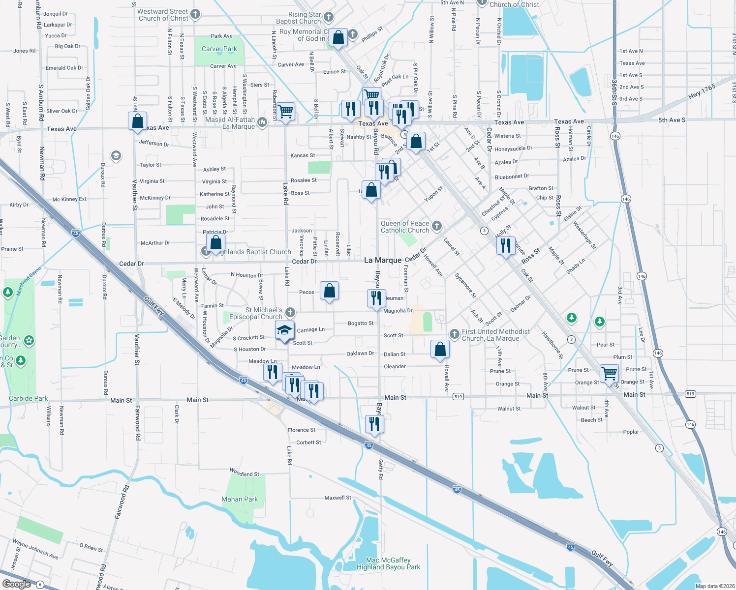 map of restaurants, bars, coffee shops, grocery stores, and more near 1913 Evergreen in La Marque