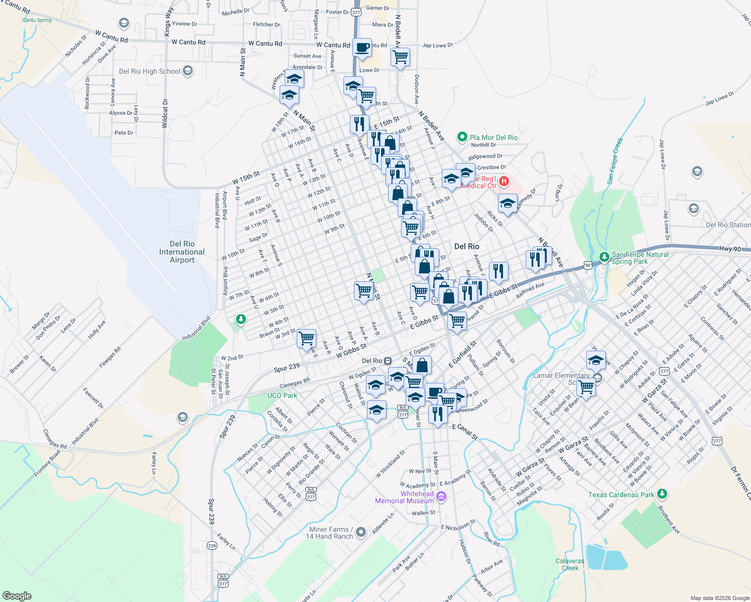 map of restaurants, bars, coffee shops, grocery stores, and more near 412-14 N Main St in Del Rio