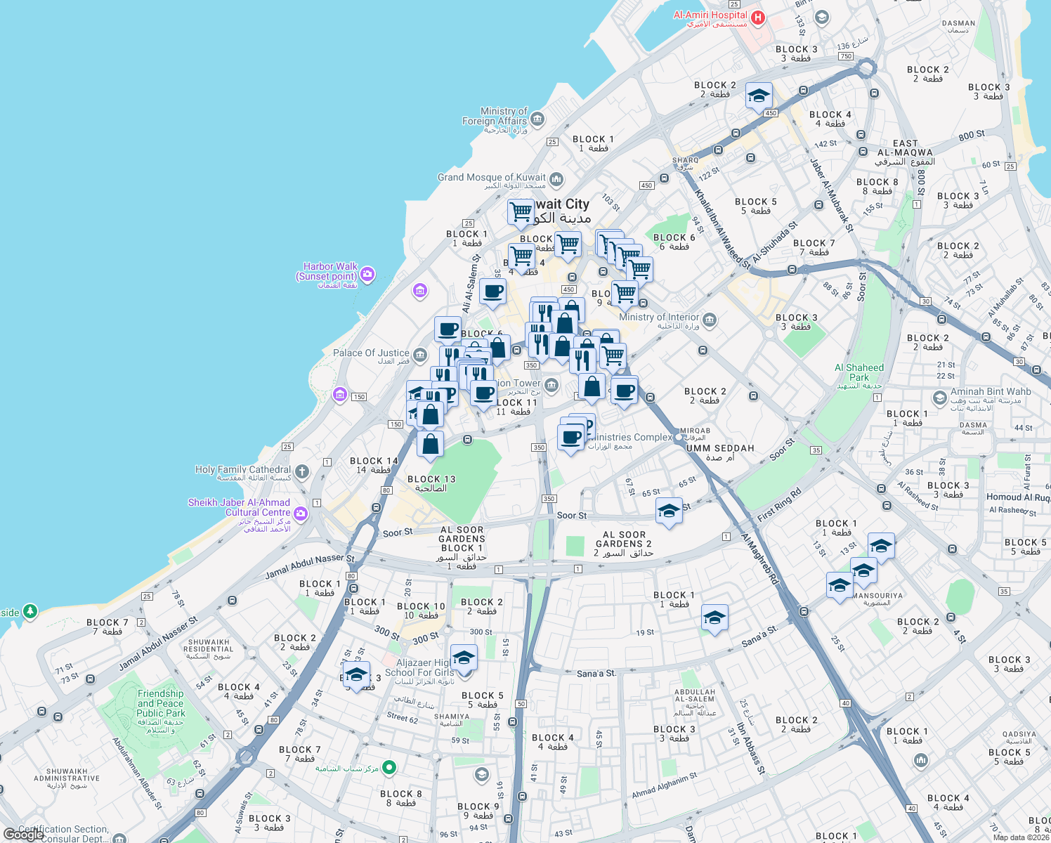 map of restaurants, bars, coffee shops, grocery stores, and more near Abdulaziz Hamad Al Saqer Street in Kuwait City