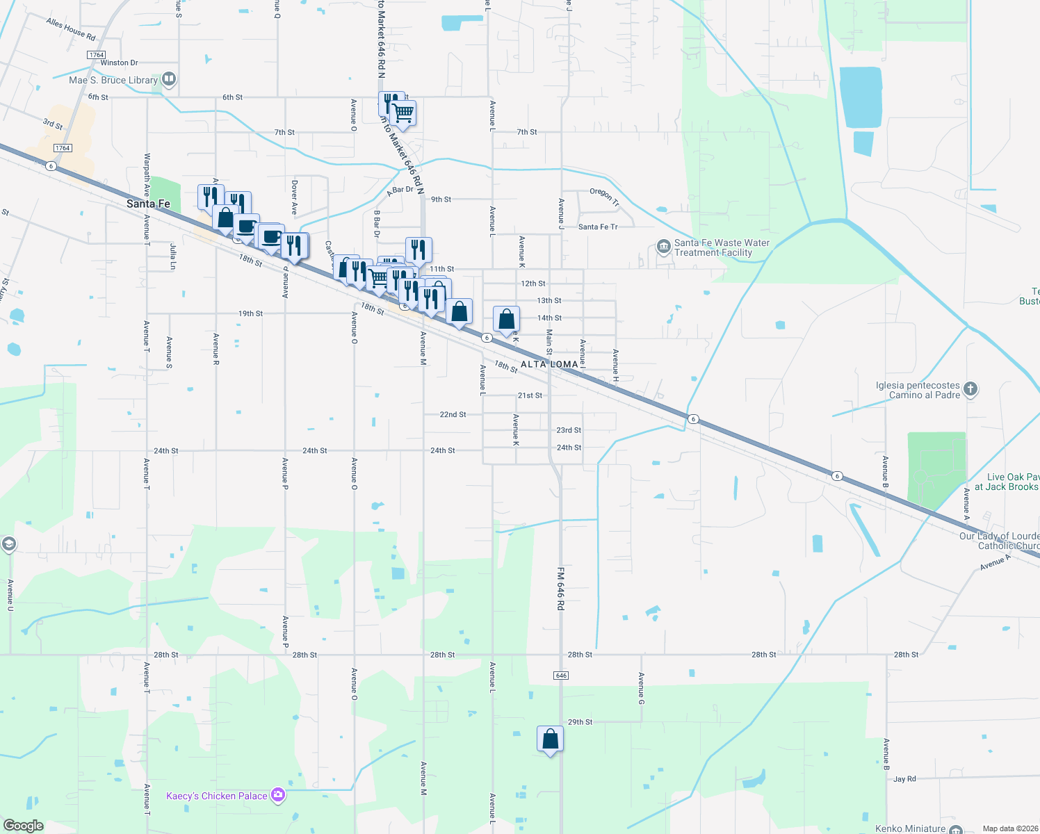 map of restaurants, bars, coffee shops, grocery stores, and more near 12049 22nd Street in Santa Fe