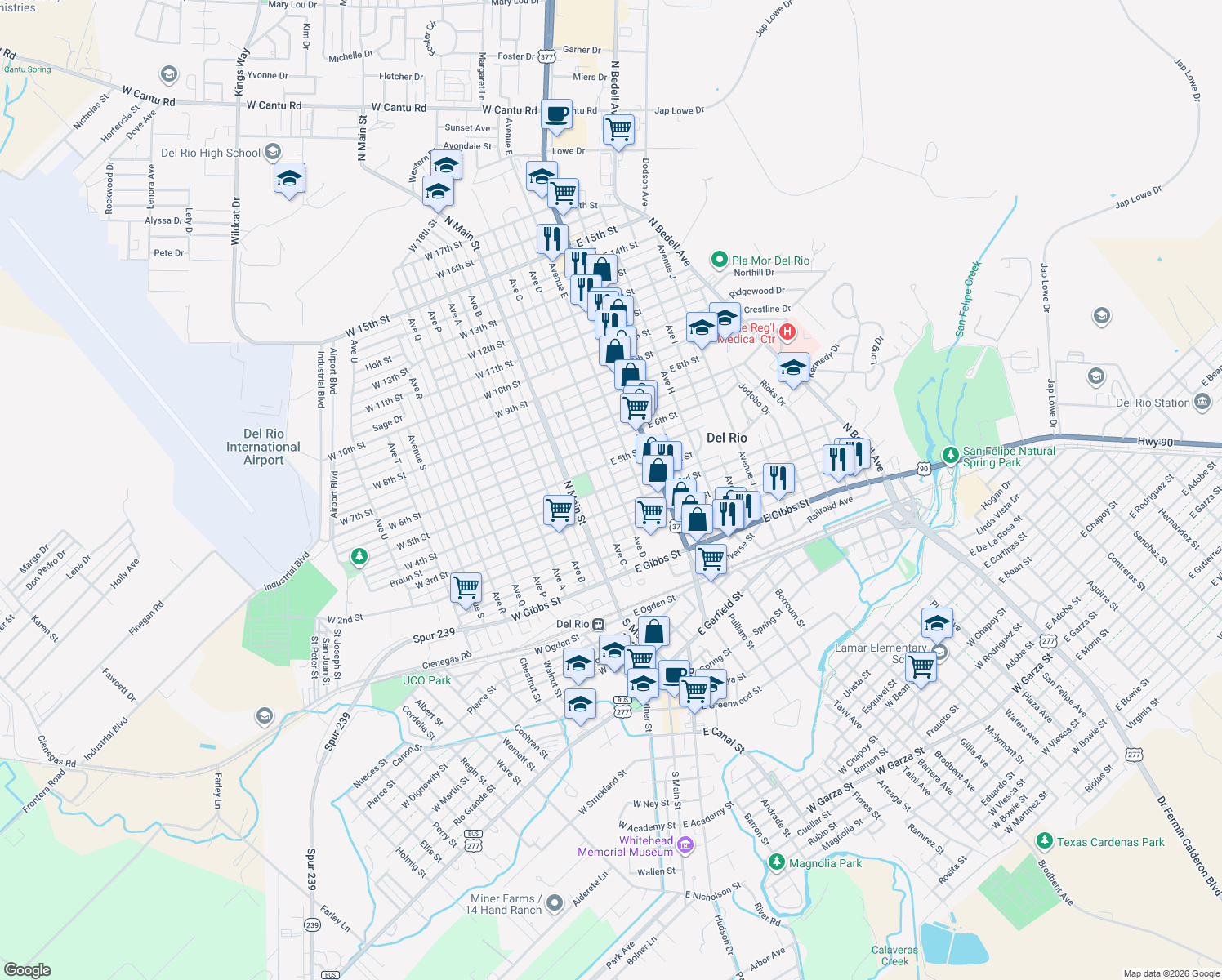 map of restaurants, bars, coffee shops, grocery stores, and more near 209 East 4th Street in Del Rio