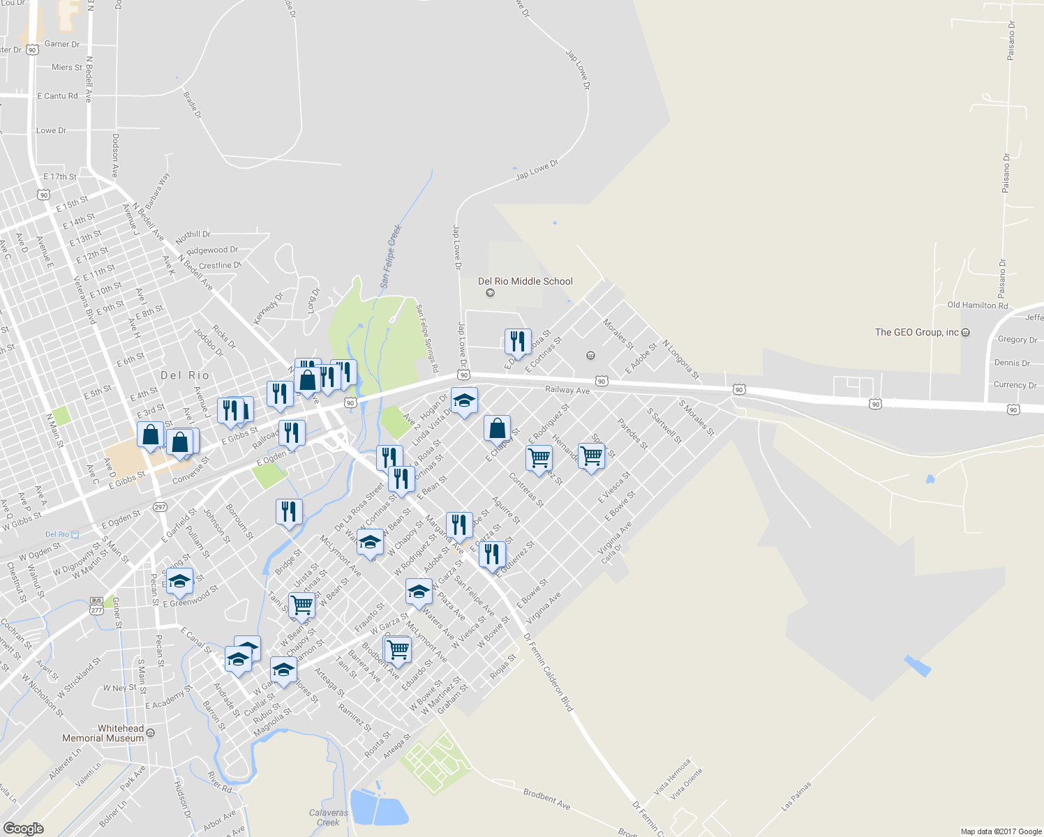 map of restaurants, bars, coffee shops, grocery stores, and more near 512 East Chapoy Street in Del Rio