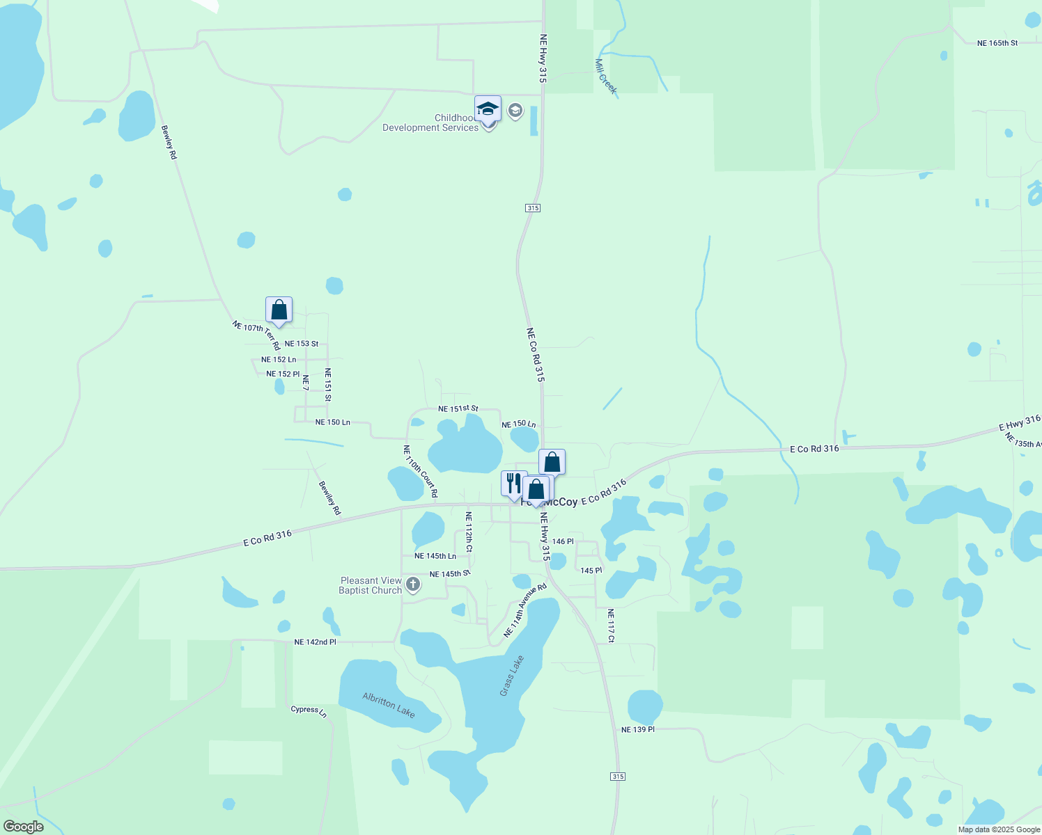 map of restaurants, bars, coffee shops, grocery stores, and more near 11385 Northeast 150 Lane in Fort McCoy
