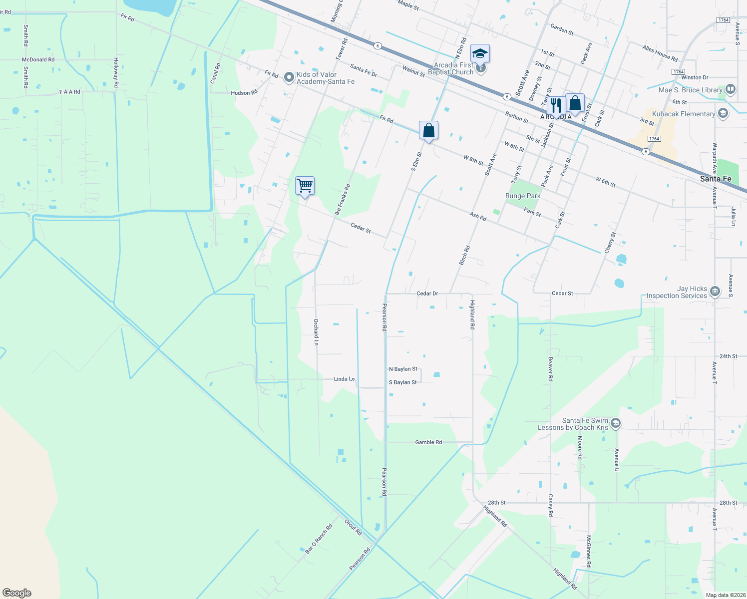 map of restaurants, bars, coffee shops, grocery stores, and more near 5110 Pearson Road in Santa Fe
