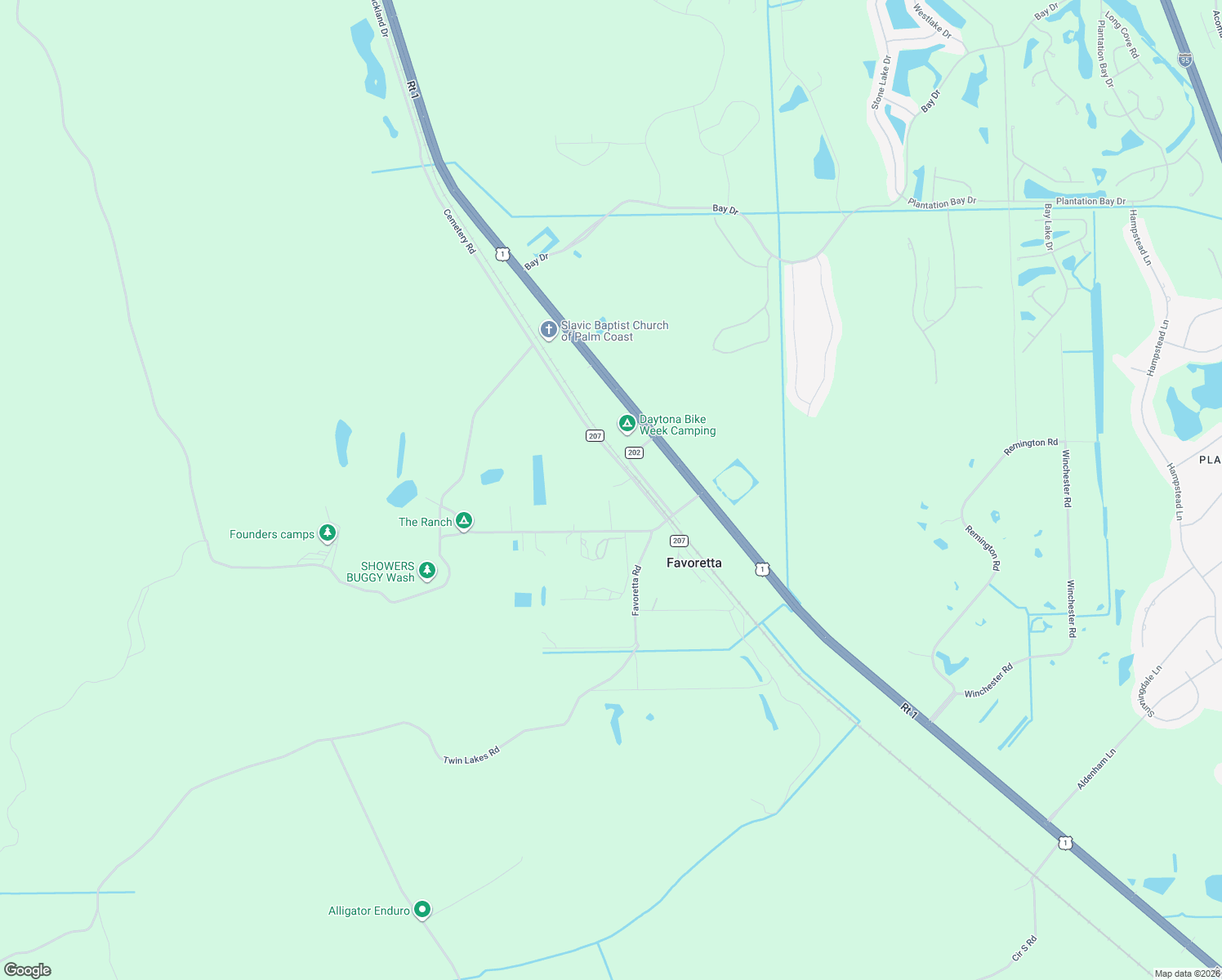 map of restaurants, bars, coffee shops, grocery stores, and more near 175 County Road 207 in Bunnell