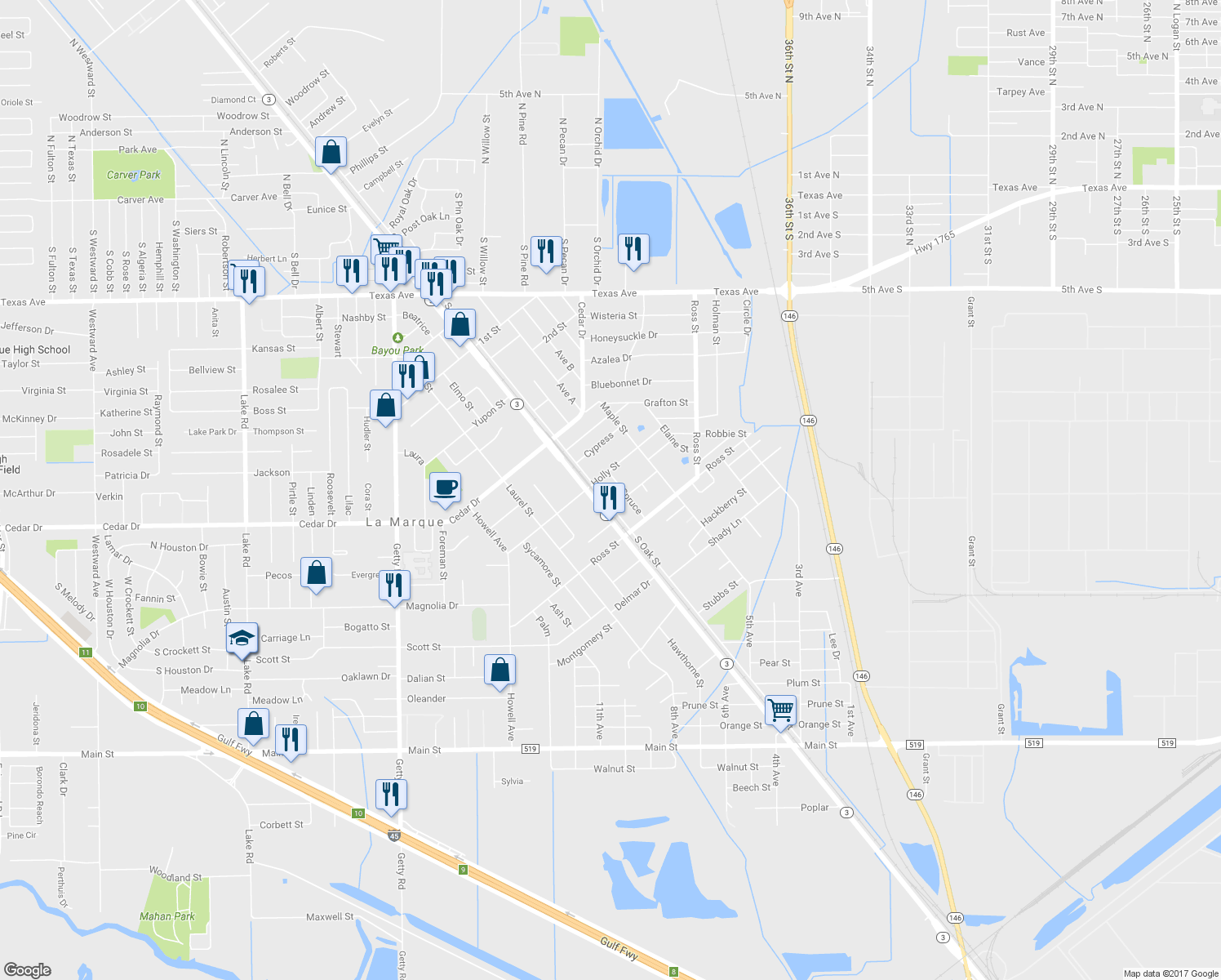 map of restaurants, bars, coffee shops, grocery stores, and more near 1015 South Oak Street in La Marque