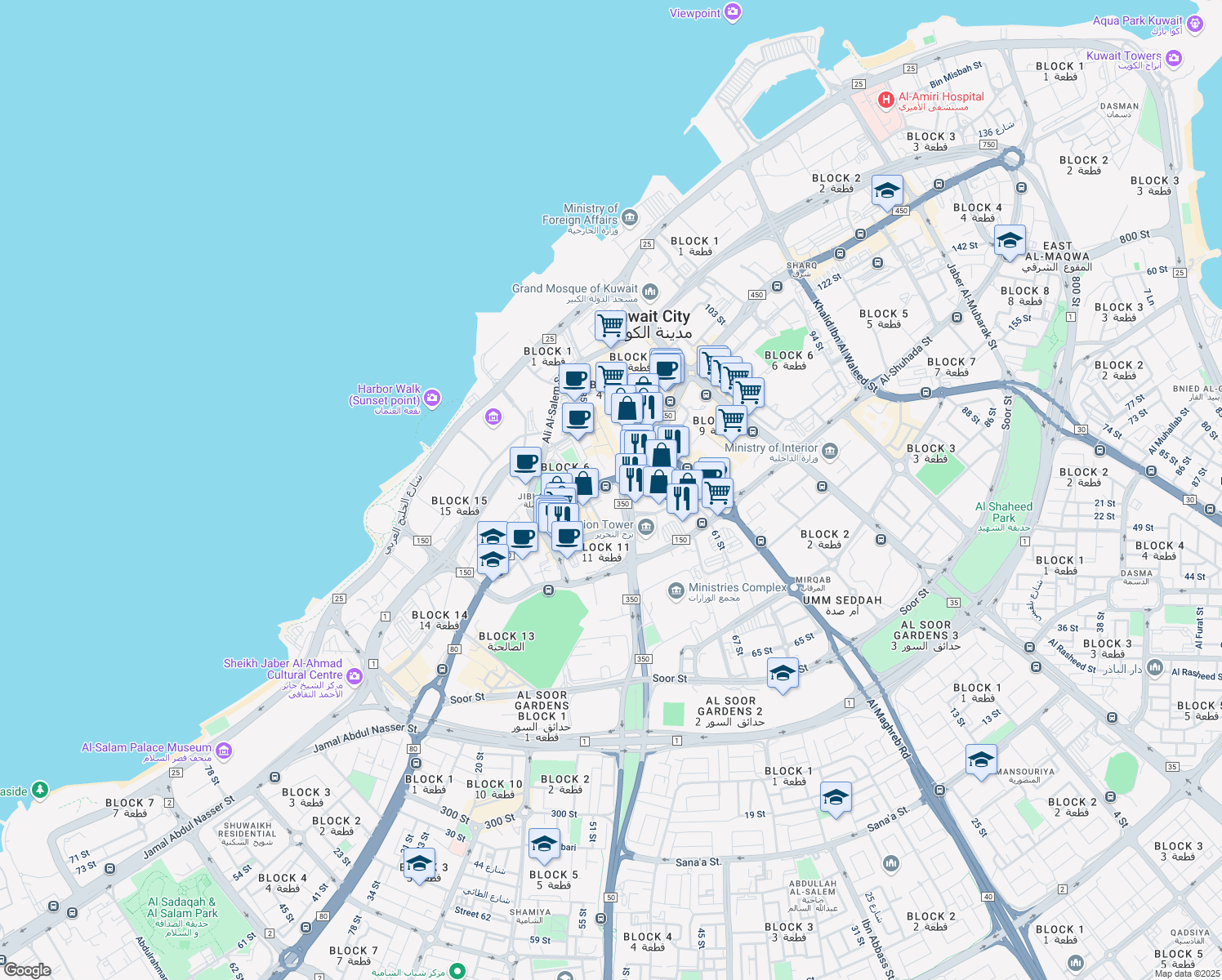 map of restaurants, bars, coffee shops, grocery stores, and more near Fahad Al-Salem Street in Kuwait City
