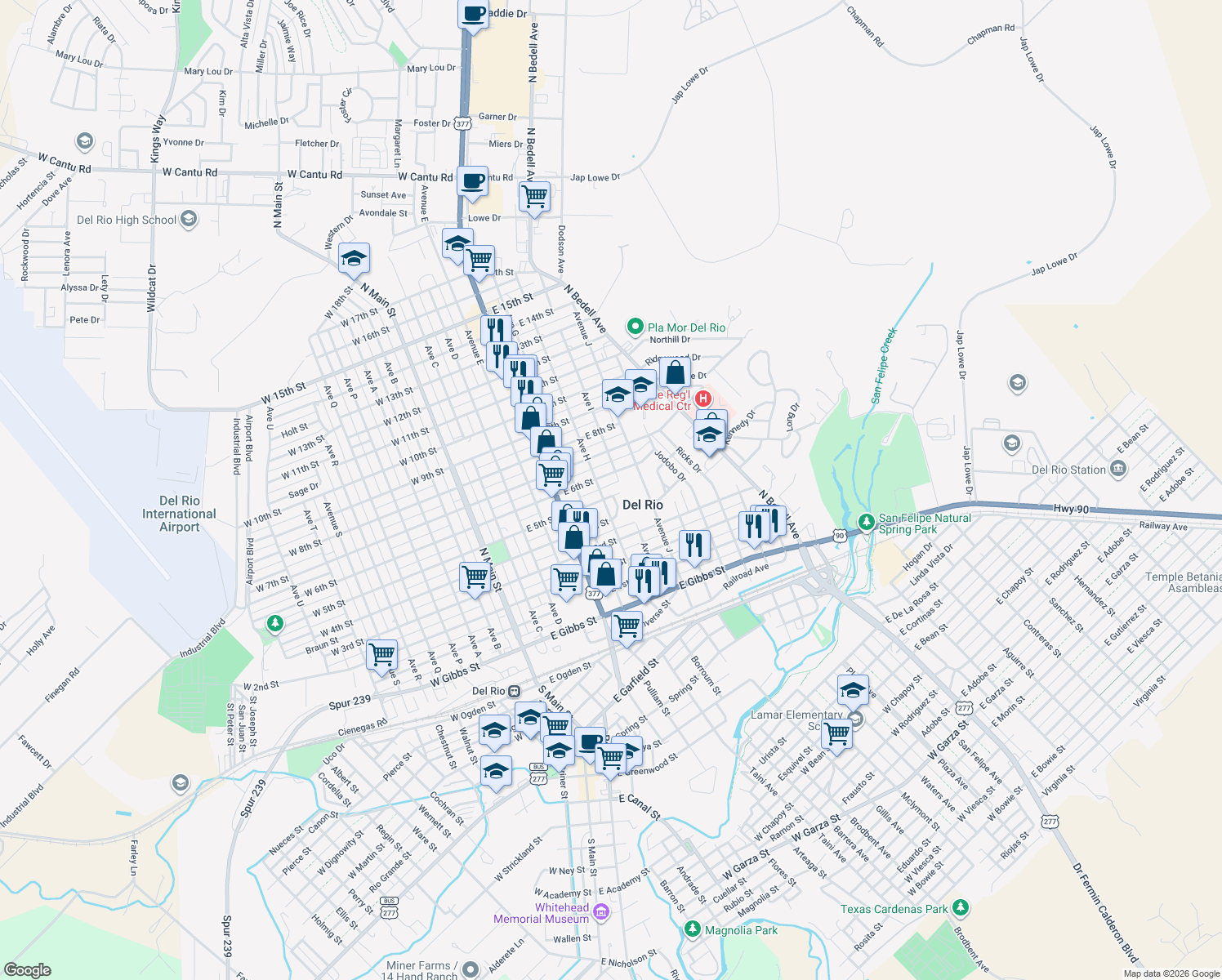 map of restaurants, bars, coffee shops, grocery stores, and more near 704 E 5th St in Del Rio