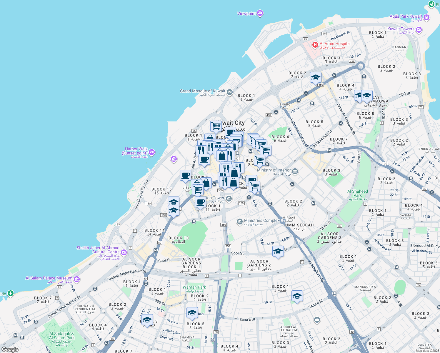 map of restaurants, bars, coffee shops, grocery stores, and more near Ahmad Al Jaber Street in Al Kuwayt