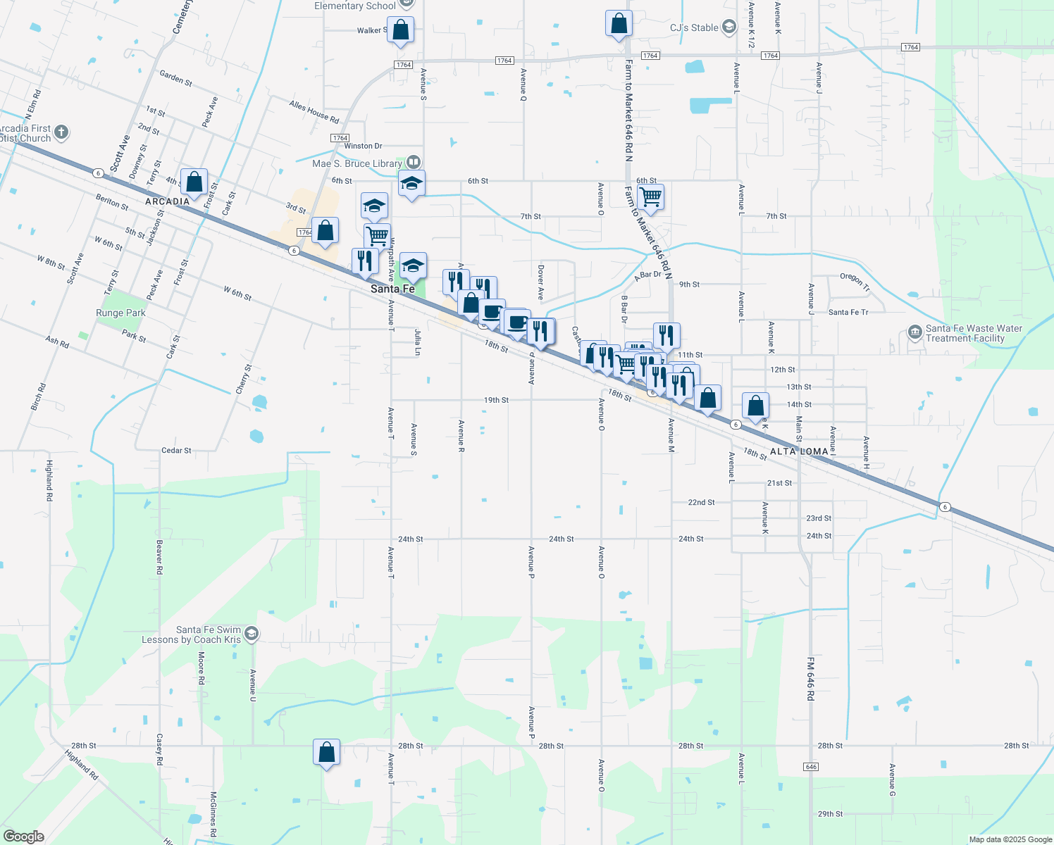 map of restaurants, bars, coffee shops, grocery stores, and more near 4818 Avenue P in Santa Fe
