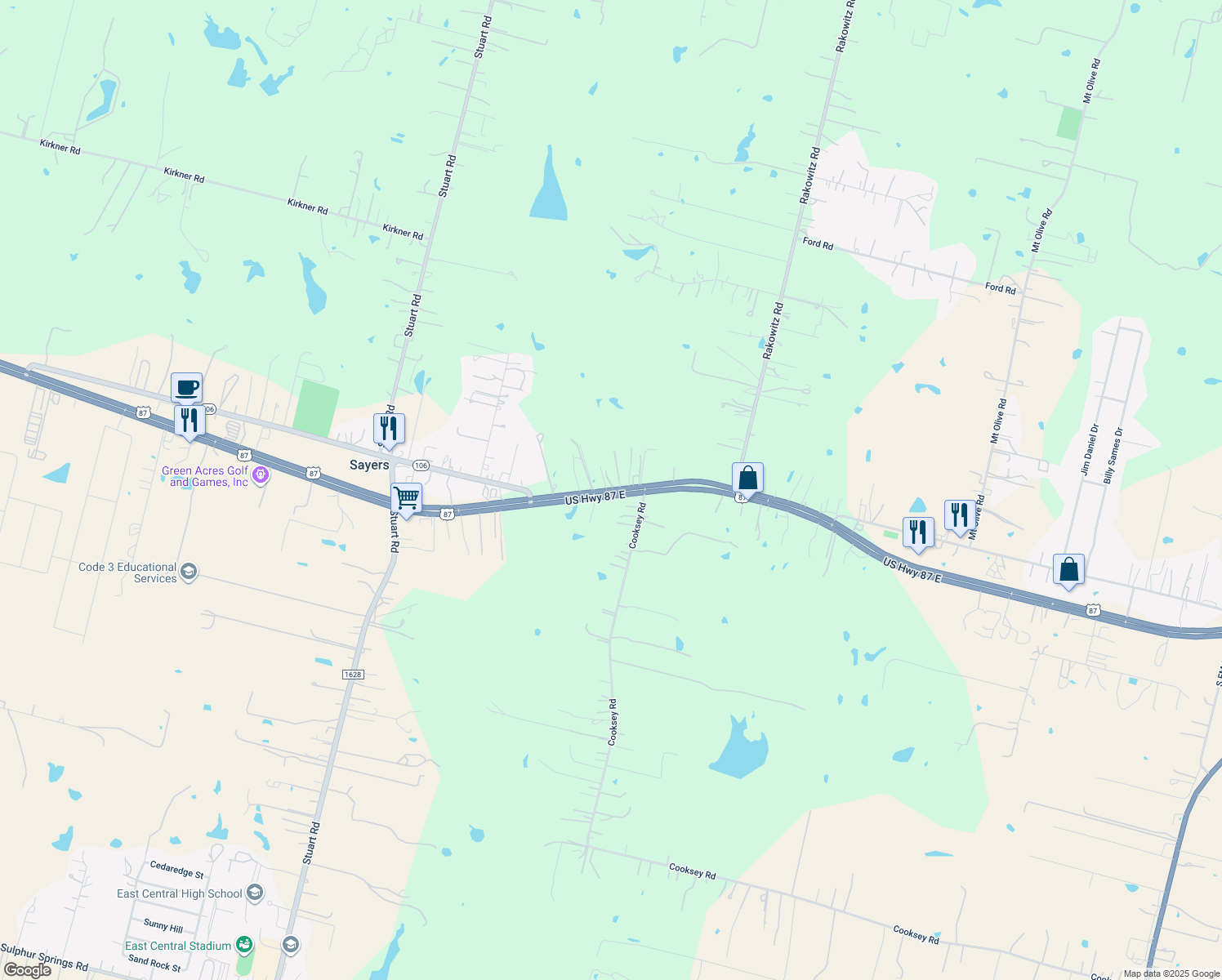 map of restaurants, bars, coffee shops, grocery stores, and more near 10525 U.S. 87 in Adkins