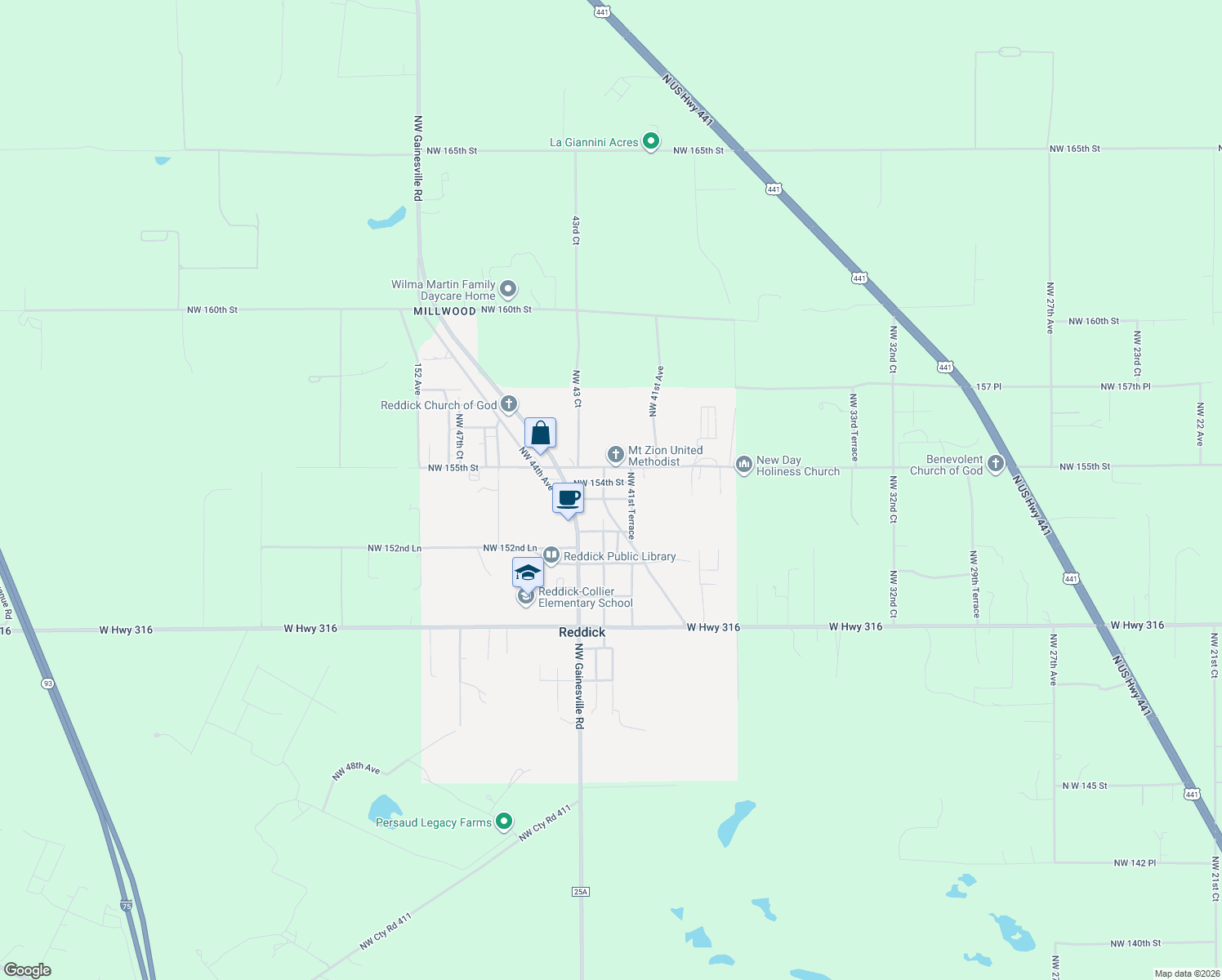 map of restaurants, bars, coffee shops, grocery stores, and more near 15435 Northwest 42nd Terrace in Reddick