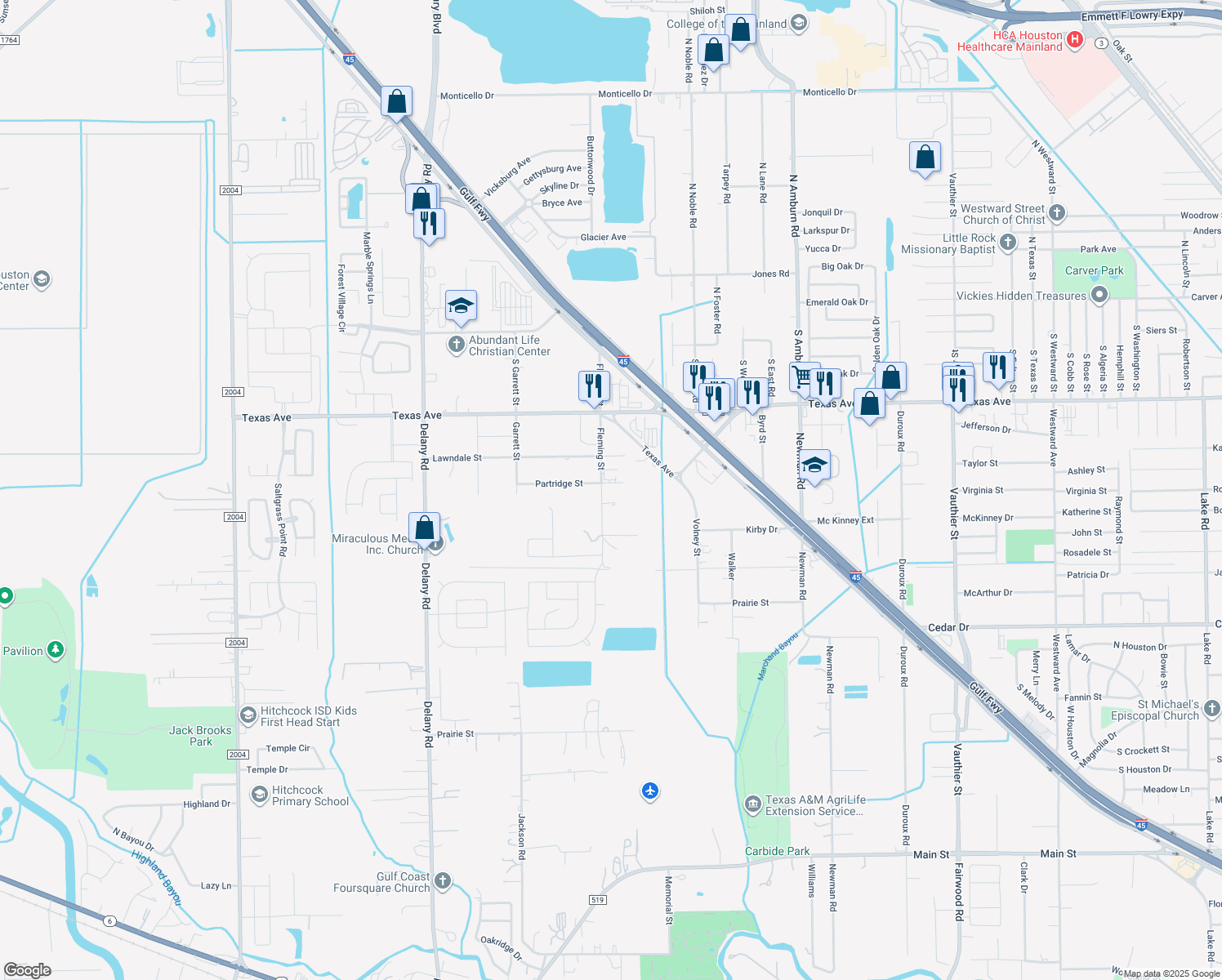 map of restaurants, bars, coffee shops, grocery stores, and more near 4711 Partridge Street in La Marque
