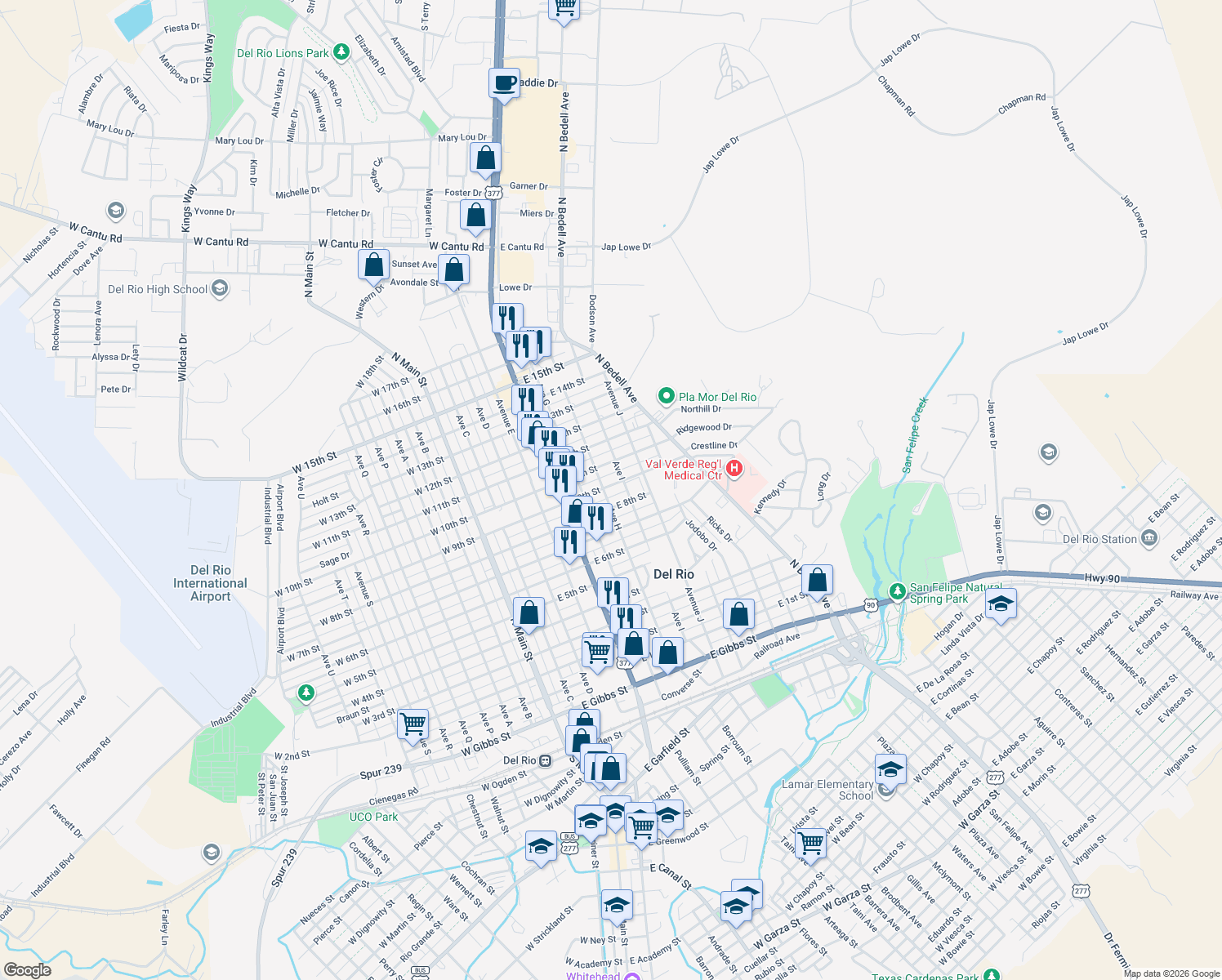 map of restaurants, bars, coffee shops, grocery stores, and more near 703 East 9th Street in Del Rio