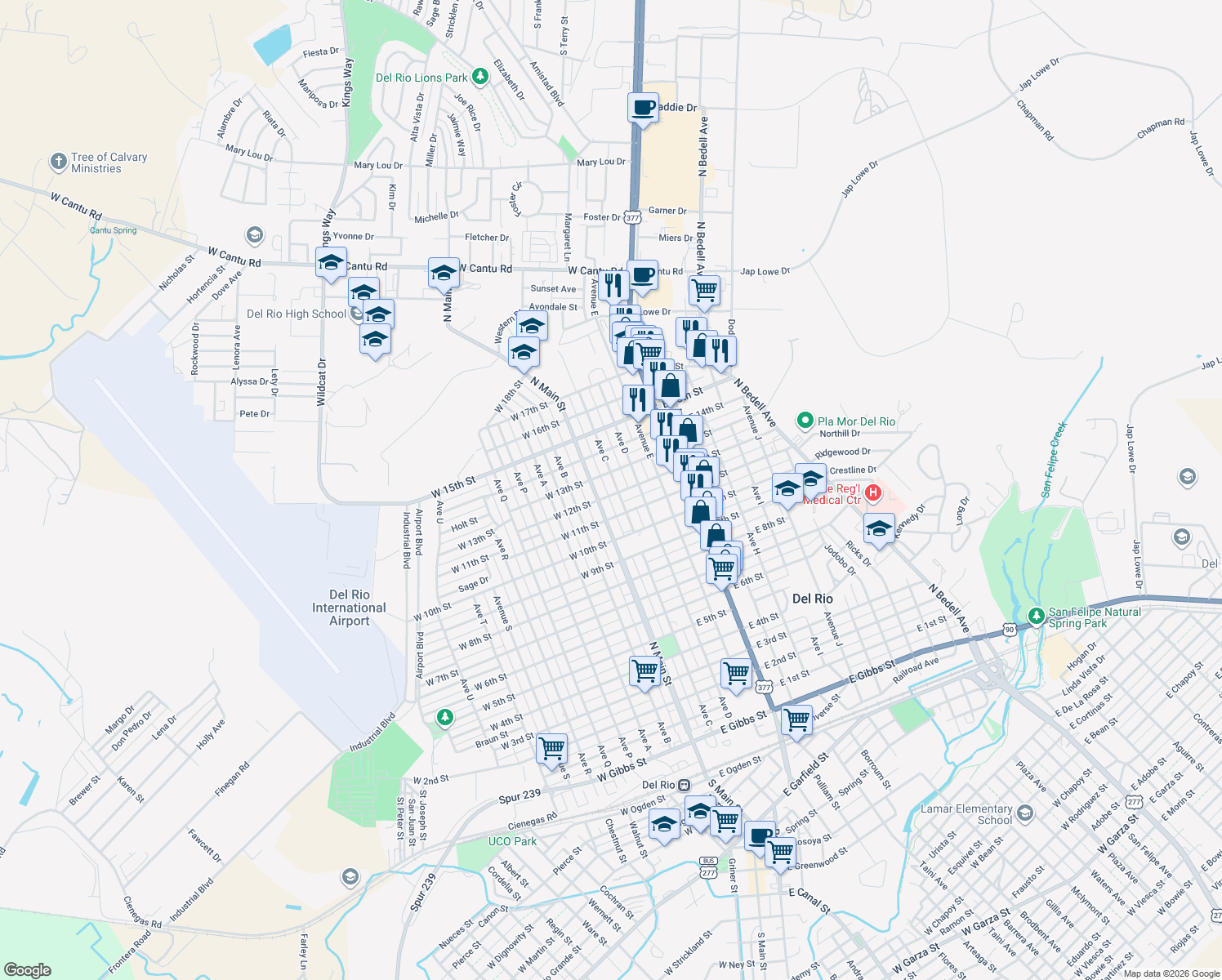 map of restaurants, bars, coffee shops, grocery stores, and more near 1400 Ave C in Del Rio