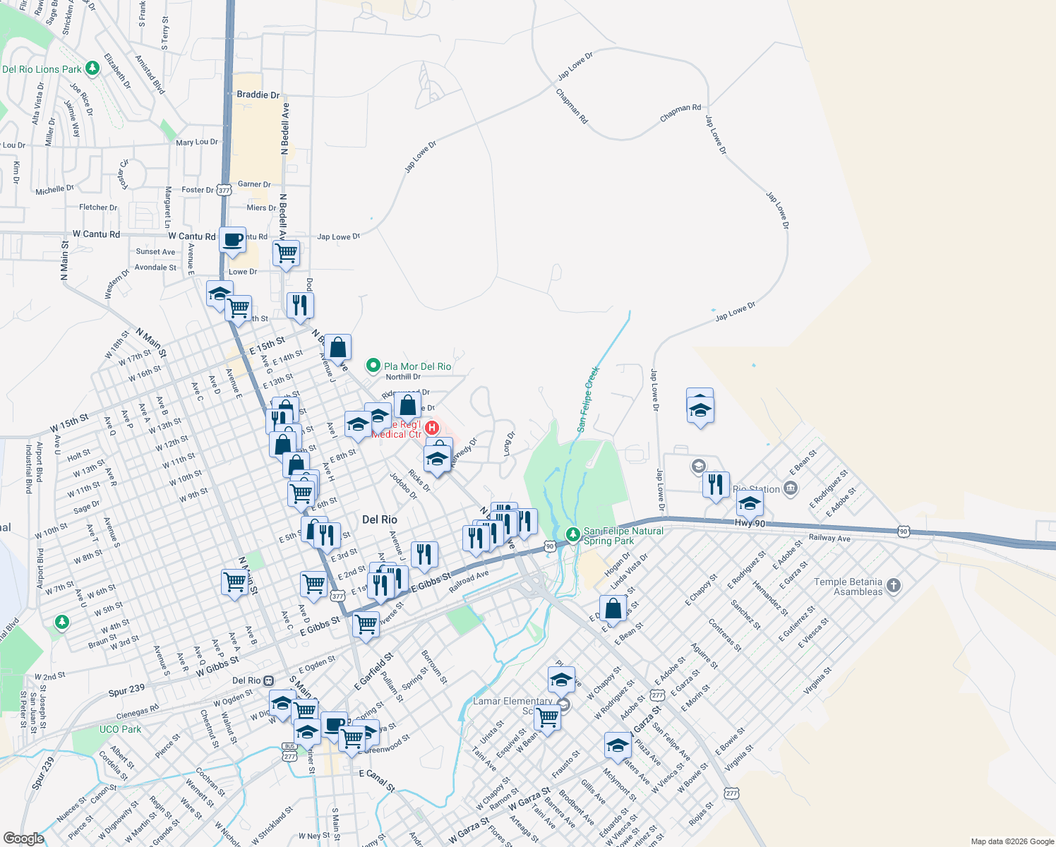 map of restaurants, bars, coffee shops, grocery stores, and more near 106 Herrmann Drive in Del Rio