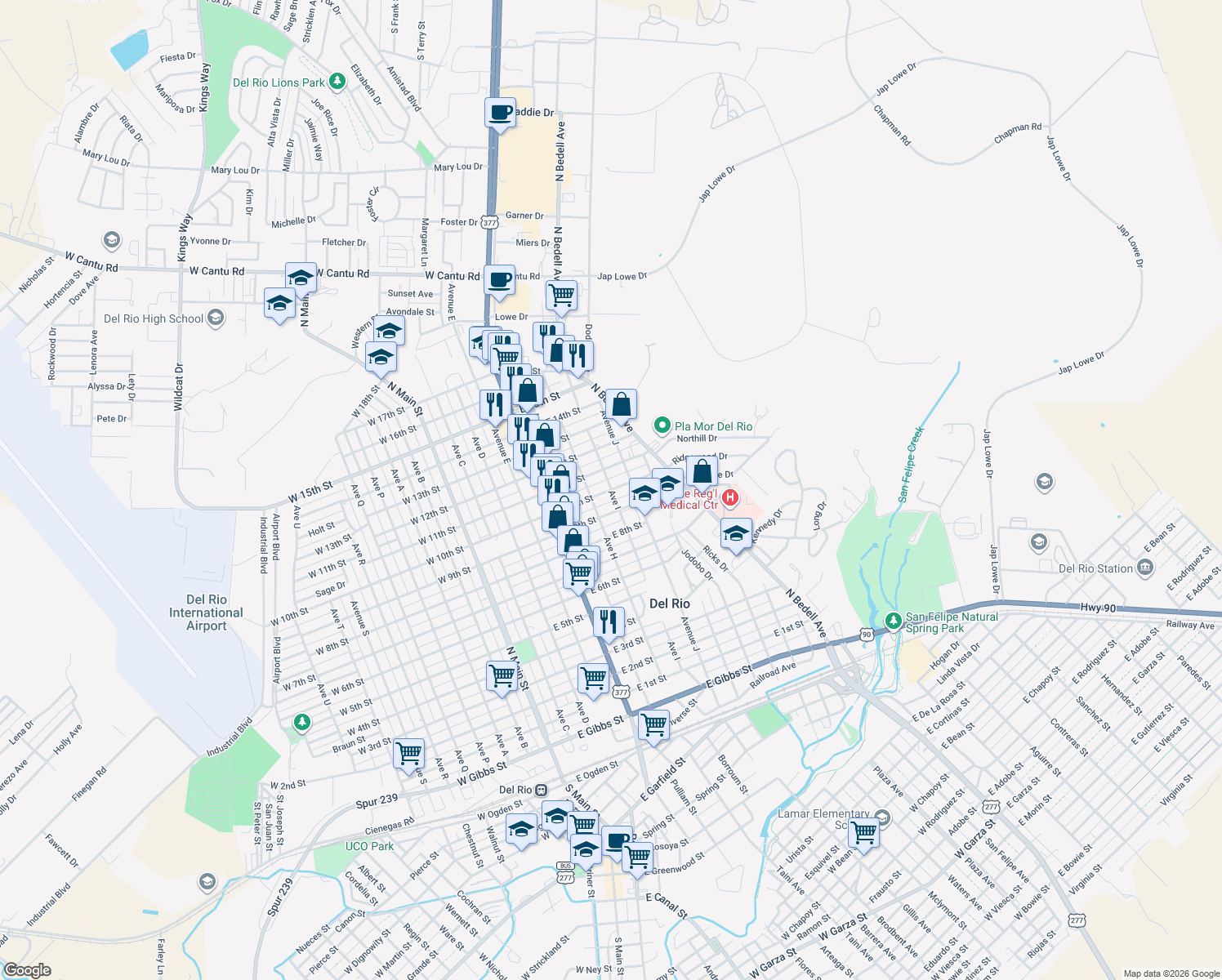 map of restaurants, bars, coffee shops, grocery stores, and more near 1198 Ave I in Del Rio