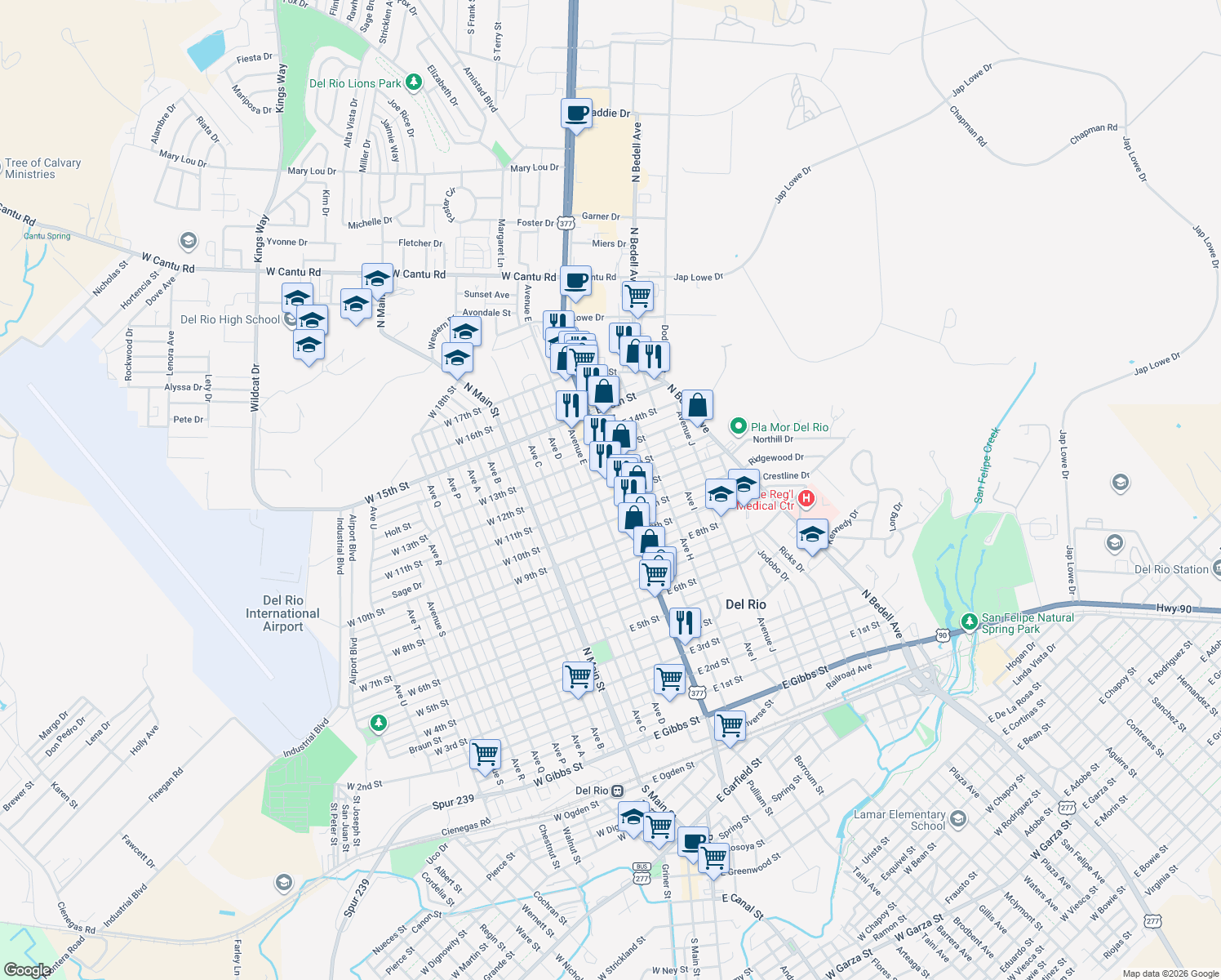 map of restaurants, bars, coffee shops, grocery stores, and more near 1300 Veterans Boulevard in Del Rio