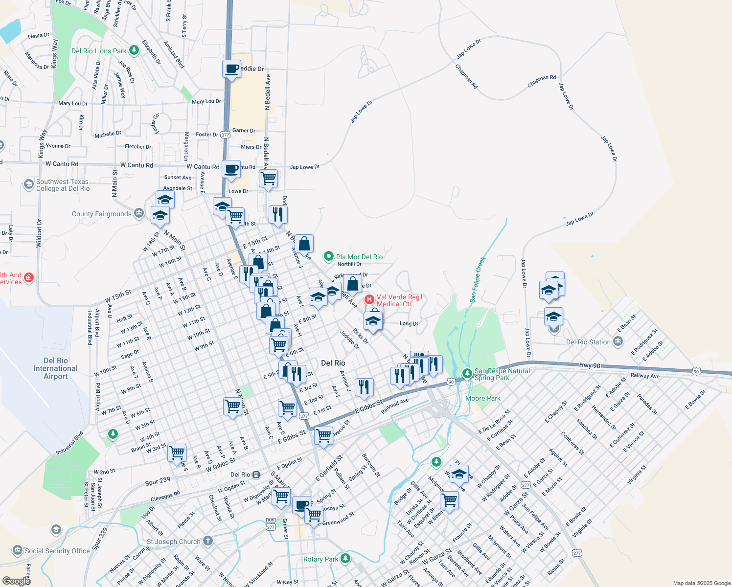 map of restaurants, bars, coffee shops, grocery stores, and more near 108 Page Ave in Del Rio
