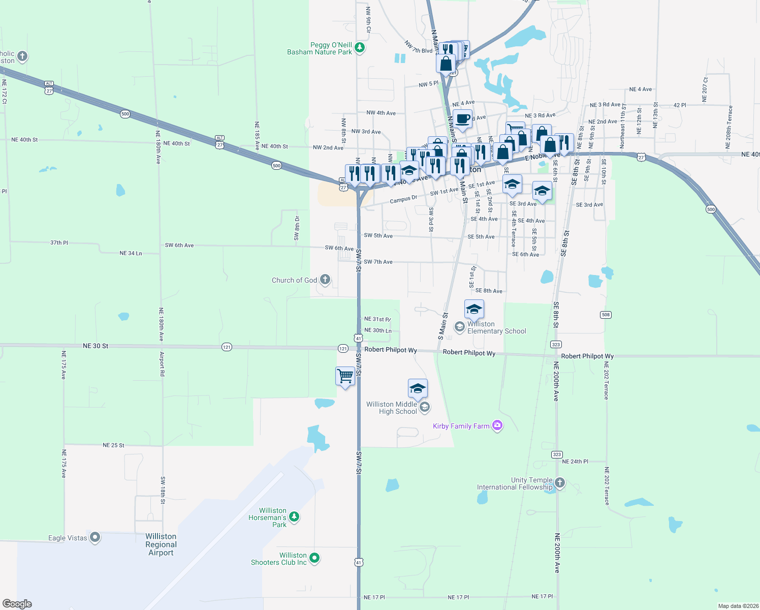 map of restaurants, bars, coffee shops, grocery stores, and more near 3199 Northeast 192 Avenue in Williston