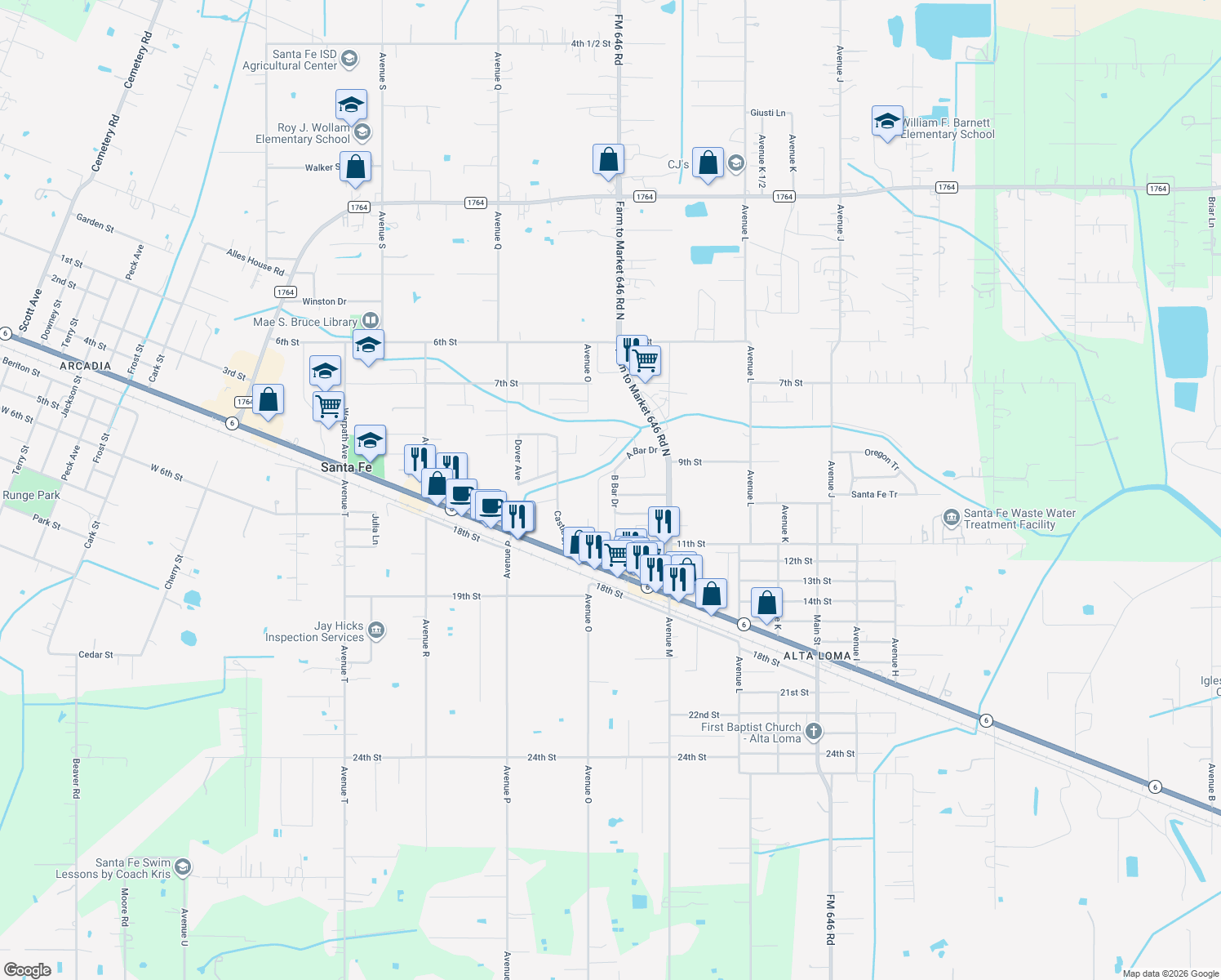 map of restaurants, bars, coffee shops, grocery stores, and more near 4314 B Bar Drive in Santa Fe
