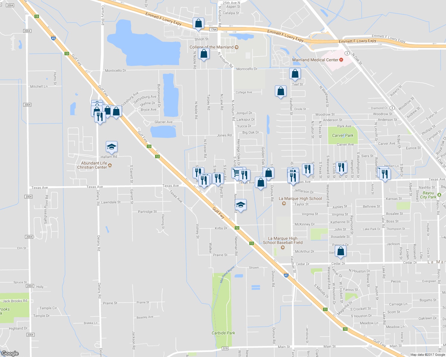 map of restaurants, bars, coffee shops, grocery stores, and more near 401 South East Road in Texas City