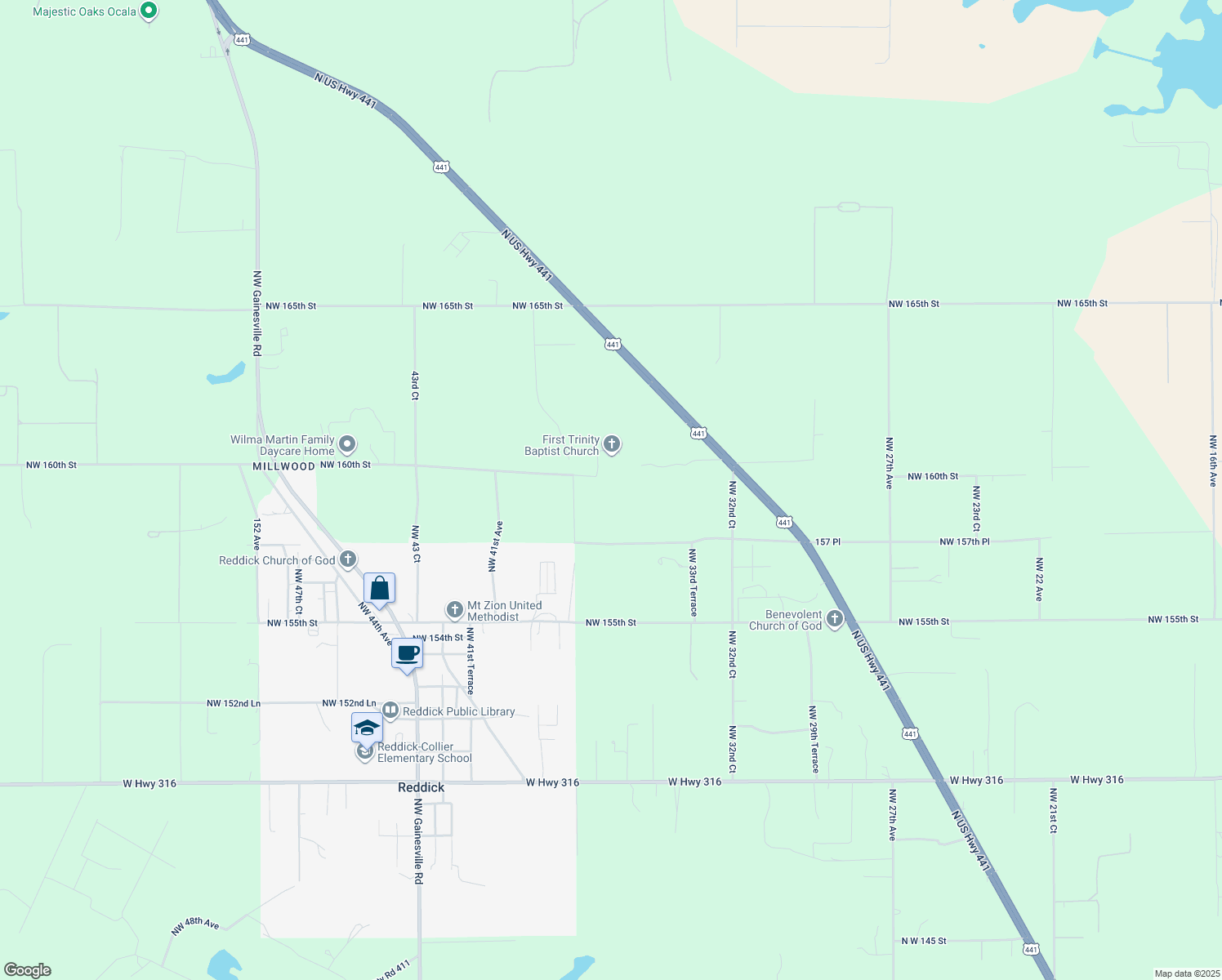 map of restaurants, bars, coffee shops, grocery stores, and more near 3700 Northwest 160th Street in Reddick