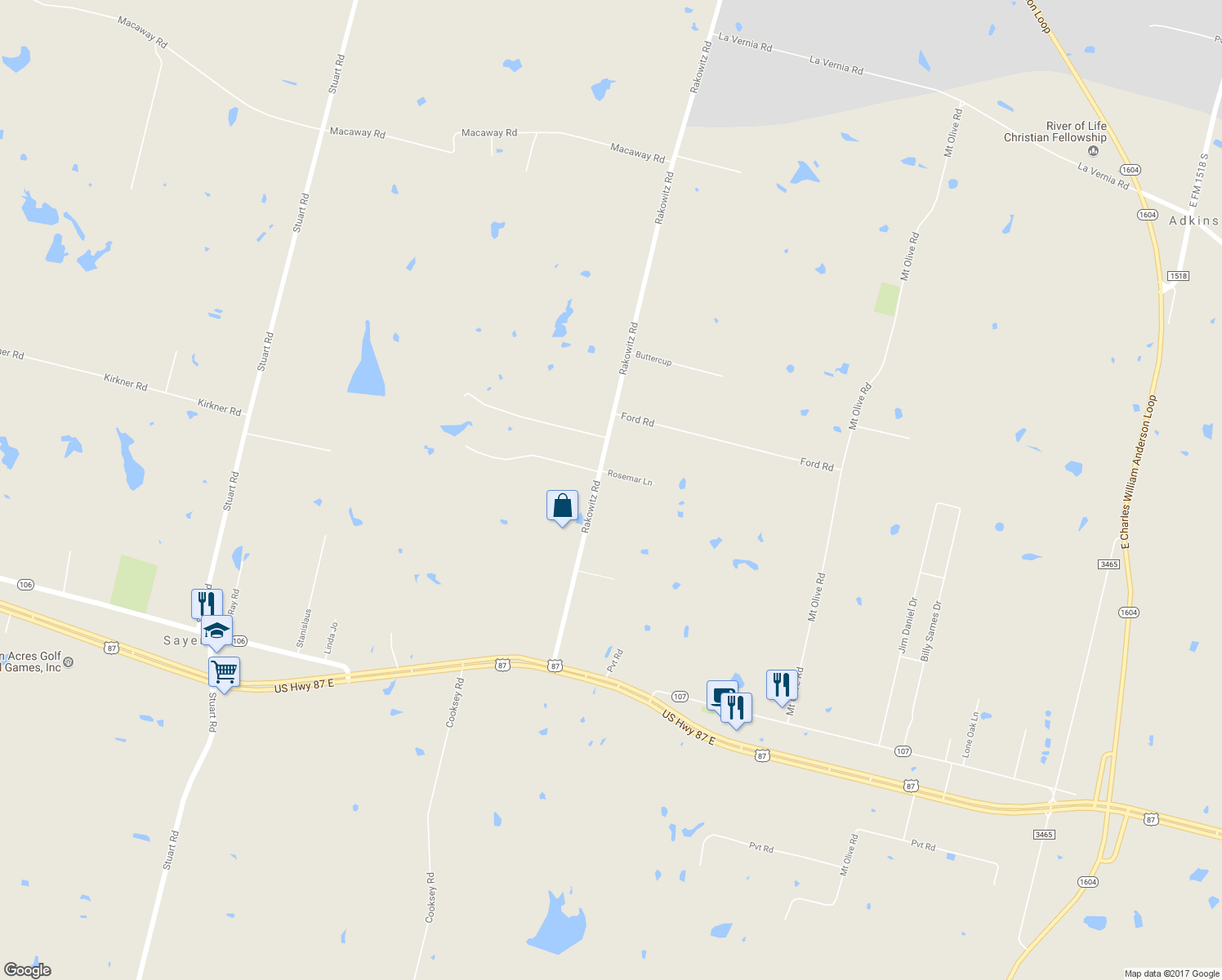 map of restaurants, bars, coffee shops, grocery stores, and more near 4392 Rakowitz Road in Adkins