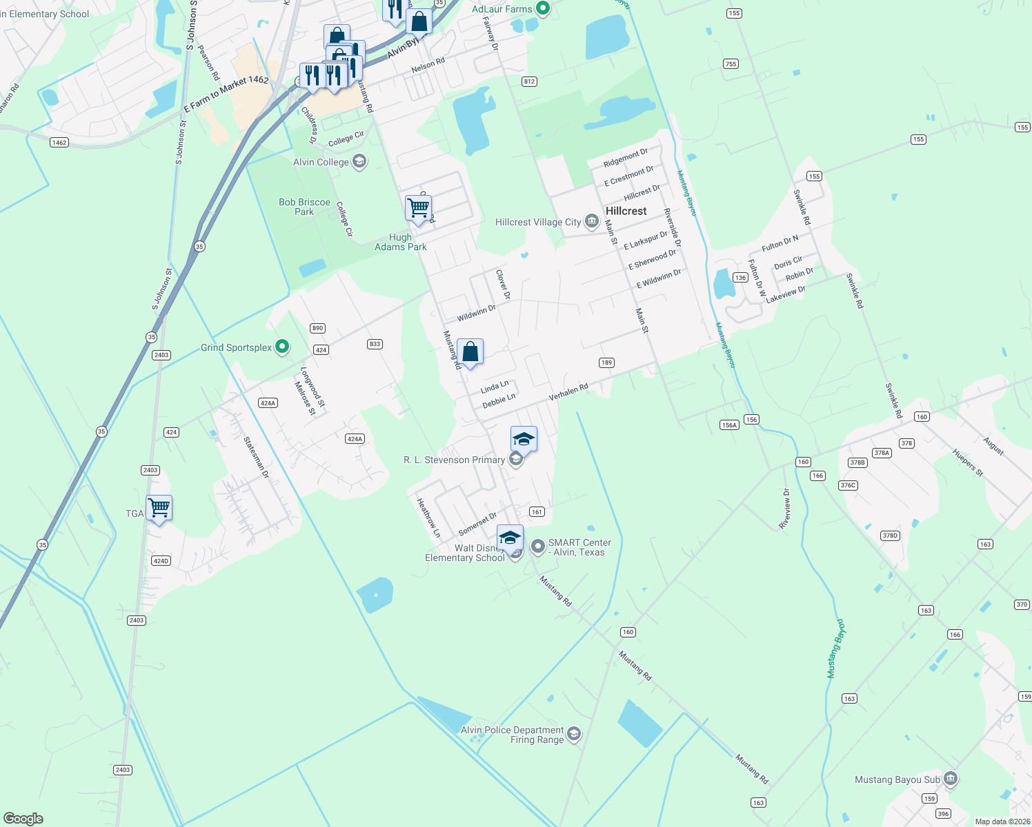 map of restaurants, bars, coffee shops, grocery stores, and more near 808 Verhalen Road in Alvin