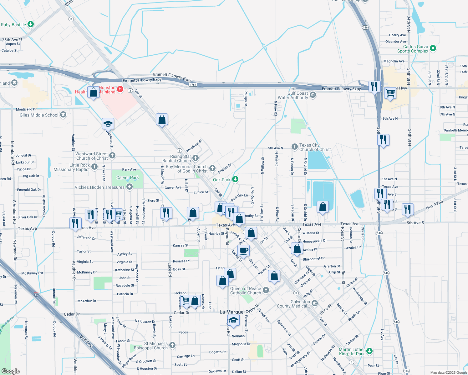 map of restaurants, bars, coffee shops, grocery stores, and more near 5207 Royal Oak Drive in Texas City