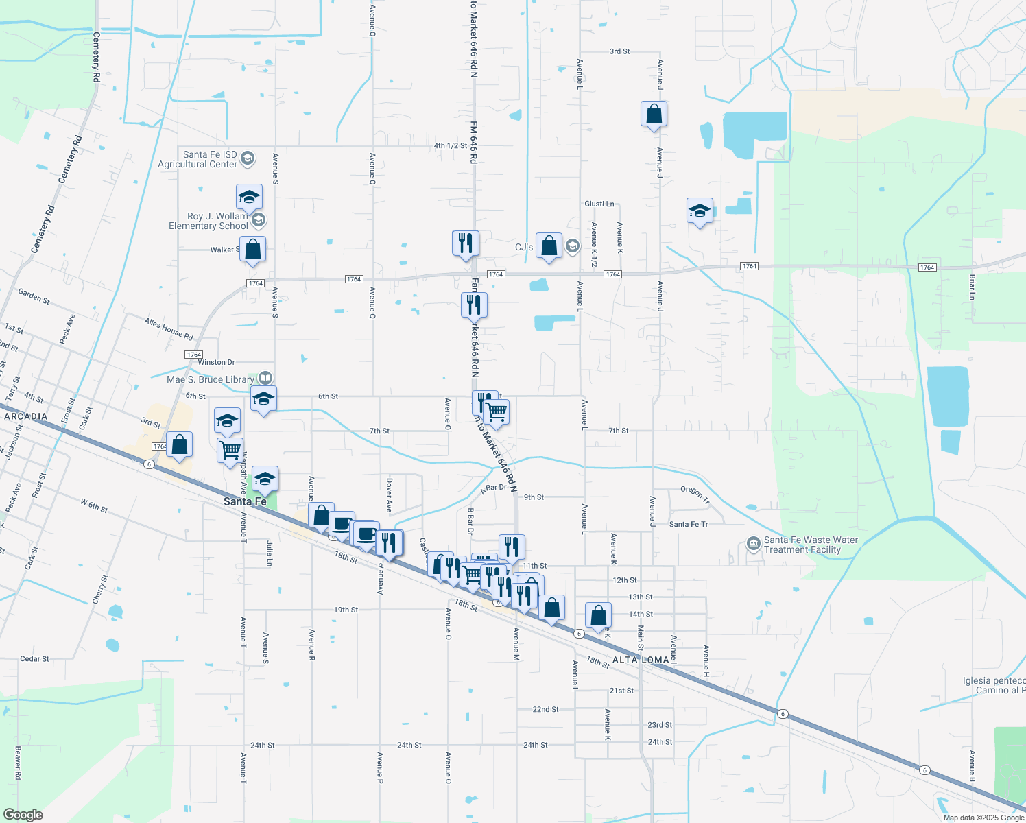 map of restaurants, bars, coffee shops, grocery stores, and more near 4010 Avenue M in Santa Fe
