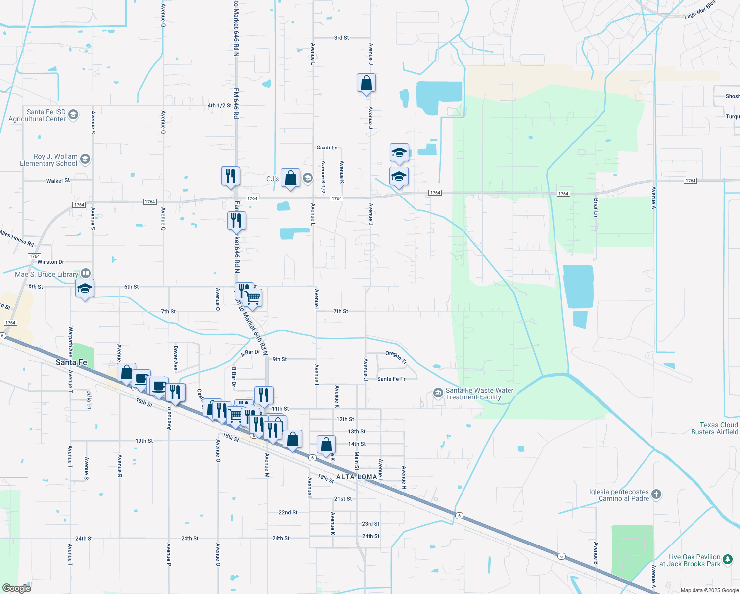 map of restaurants, bars, coffee shops, grocery stores, and more near 4015 Avenue J in Santa Fe