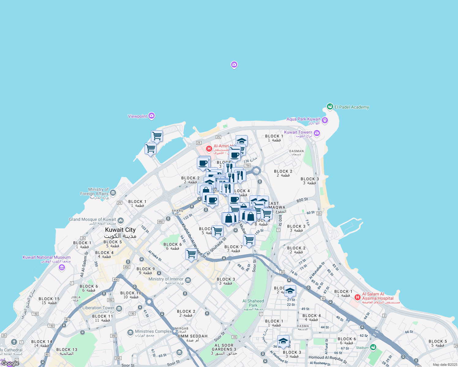 map of restaurants, bars, coffee shops, grocery stores, and more near Ahmad Al Jaber Street in Al Kuwayt